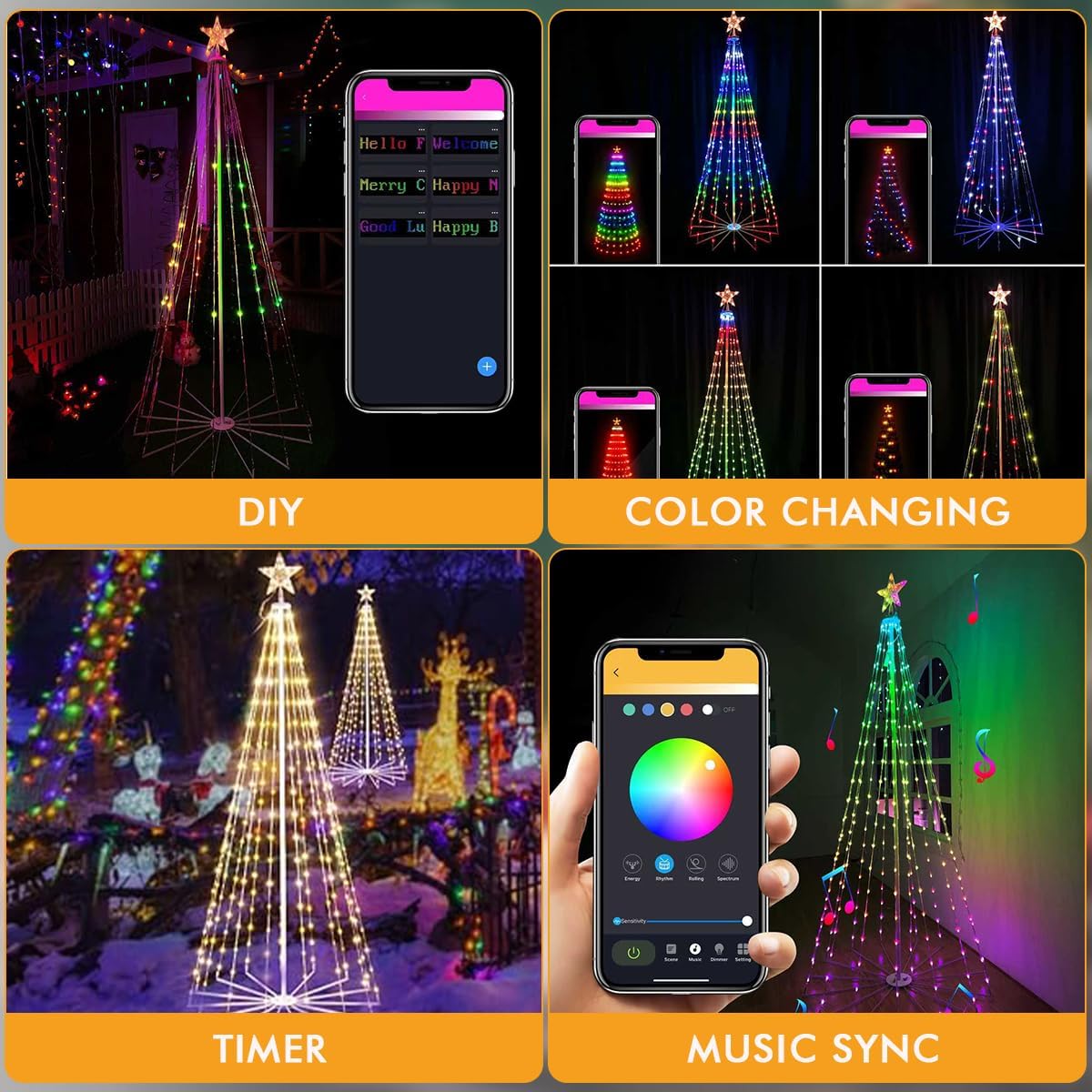 9FT Smart RGB Christmas Cone Tree, 460 LED Lighted Artificial Tree with Music Sync Remote APP Control Timer Dimmable, Prelit Xmas Tree Waterproof for Outdoor