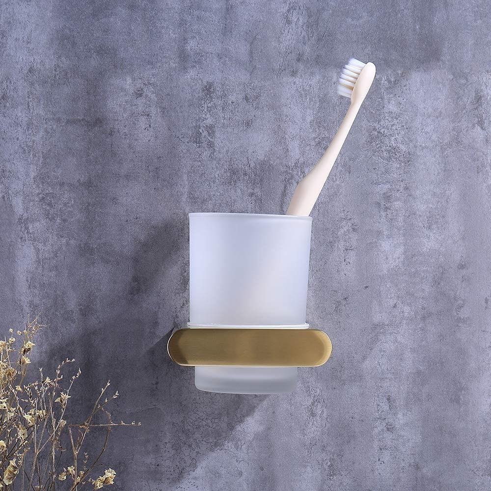 Wall Mounted Toothbrush Cup Holder with Screws Stainless Steel and Frosted Glass Toothbrush Tumbler Holder Brushed Gold Finish Bathroom Accessories