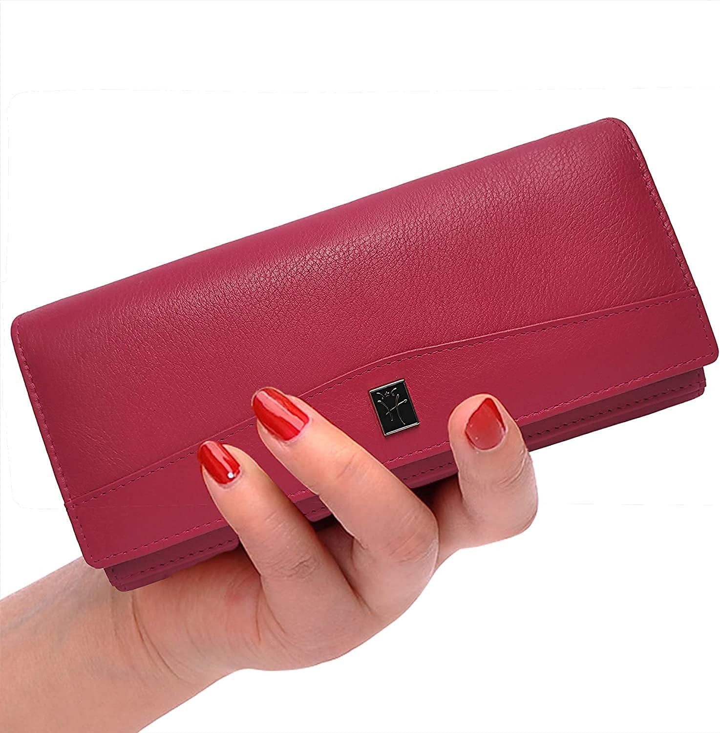 Hawai Genuine Leather Stylish Wallet for Women | 4 Compartment | 5 Zippered Pocket | 2 Photo ID Window | 3 Card Slots |, Pink_Key, 8 INCH, Modern