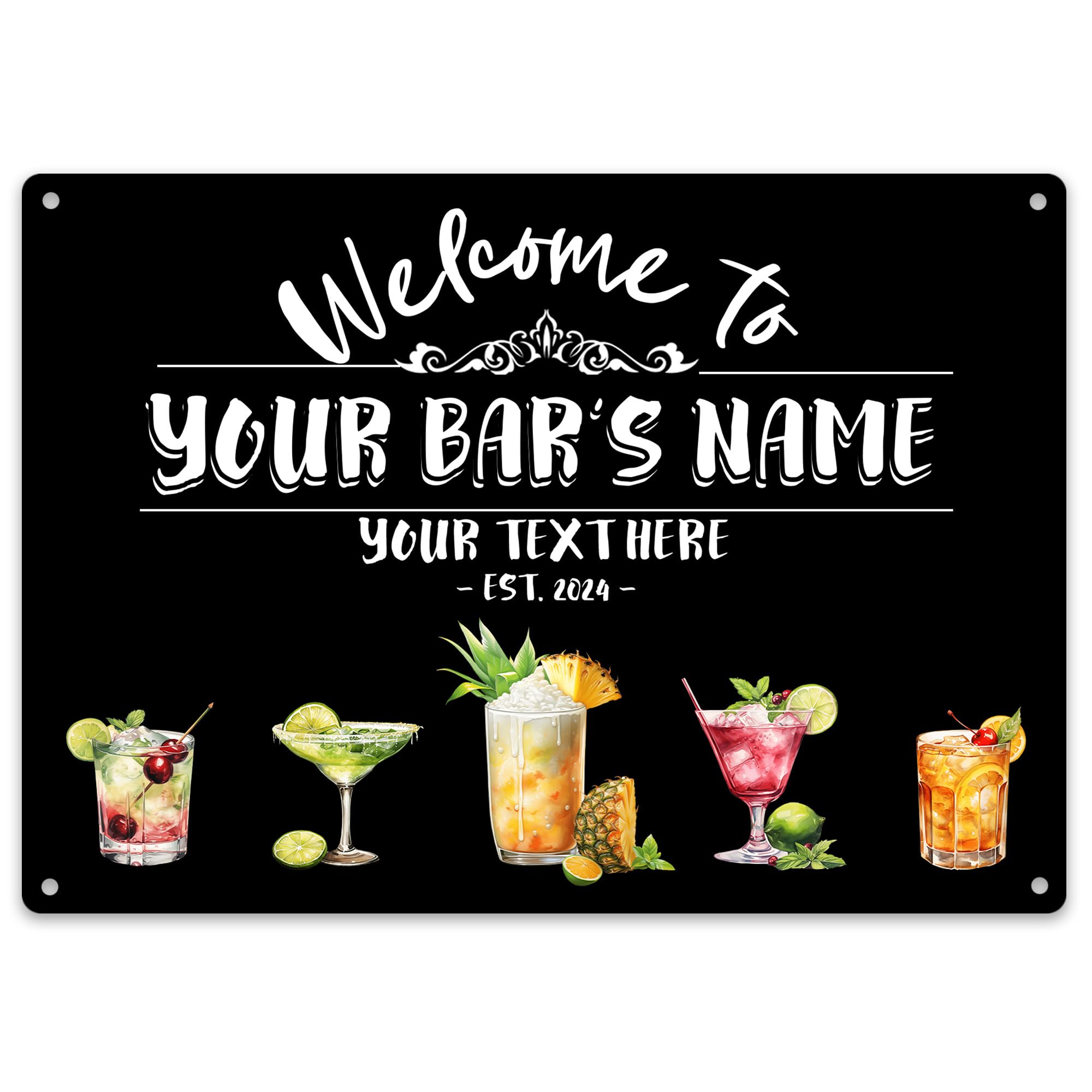 Personalised Welcome Bar Metal Sign Custom Est Year Cocktails Beer Wine Pub Garden Plaque, Small, White
