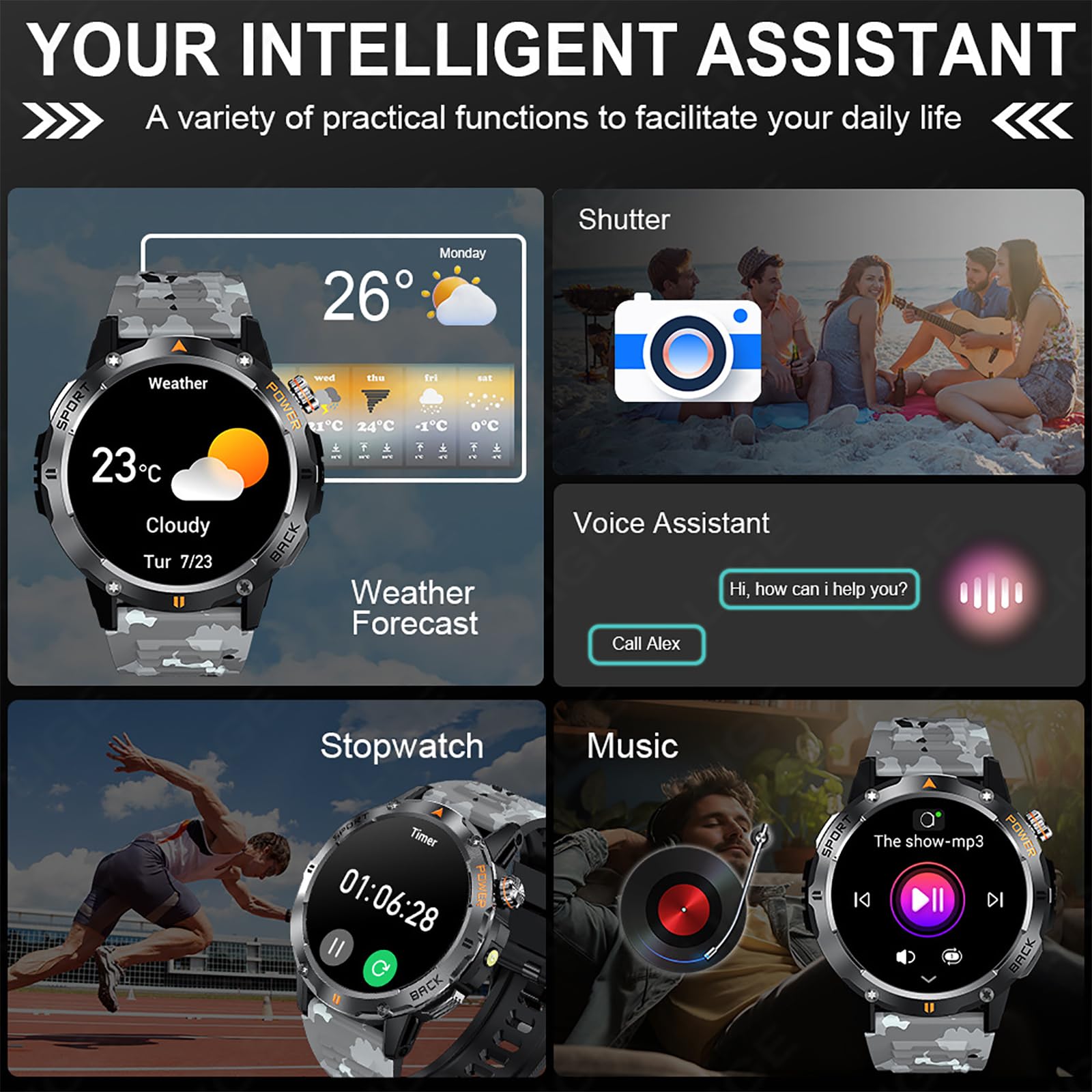 Smart Watch, Outdoor Smart Sports Watch, GPS Men Fitness Smartwatches con Schermo IPS da 1,53 Pollici E Torcia LED, Funzione Bussola, Resistenza all'Acqua P68 per Android E iOS