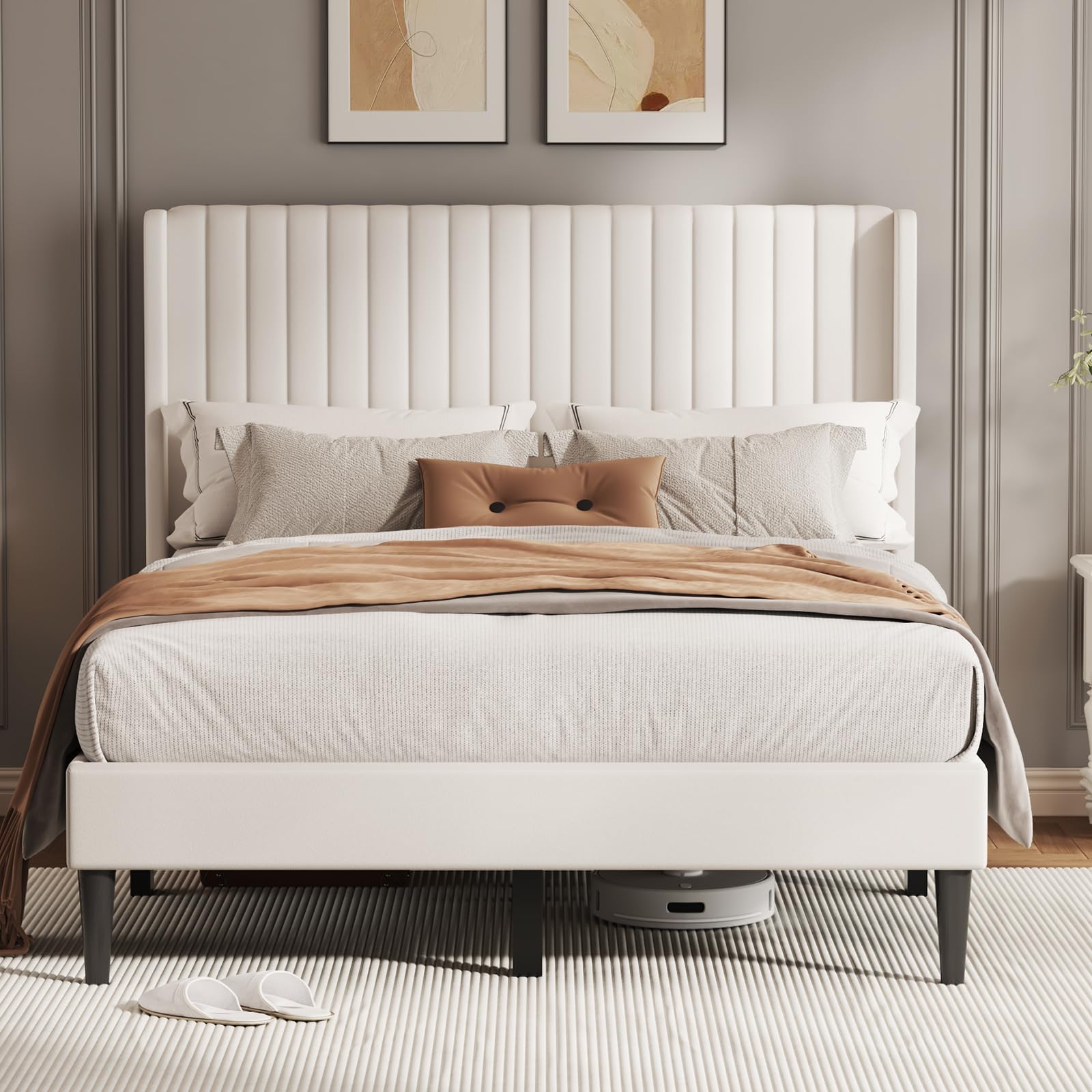 Casaottima Queen Bed Frame Upholstered Platform Bed with Wingback Headboard, Wooden Slats Support, Noise-Free Mattress Foundation, No Box Spring