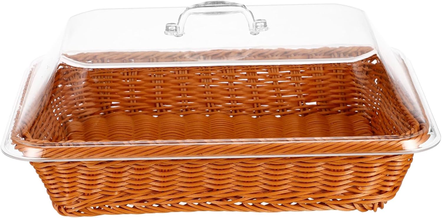 Imitation Rattan Bread Basket with Lid Handwoven Woven Tabletop Food Serving Basket Decorative Fruit Tray for Restaurant Kitchen Picnic