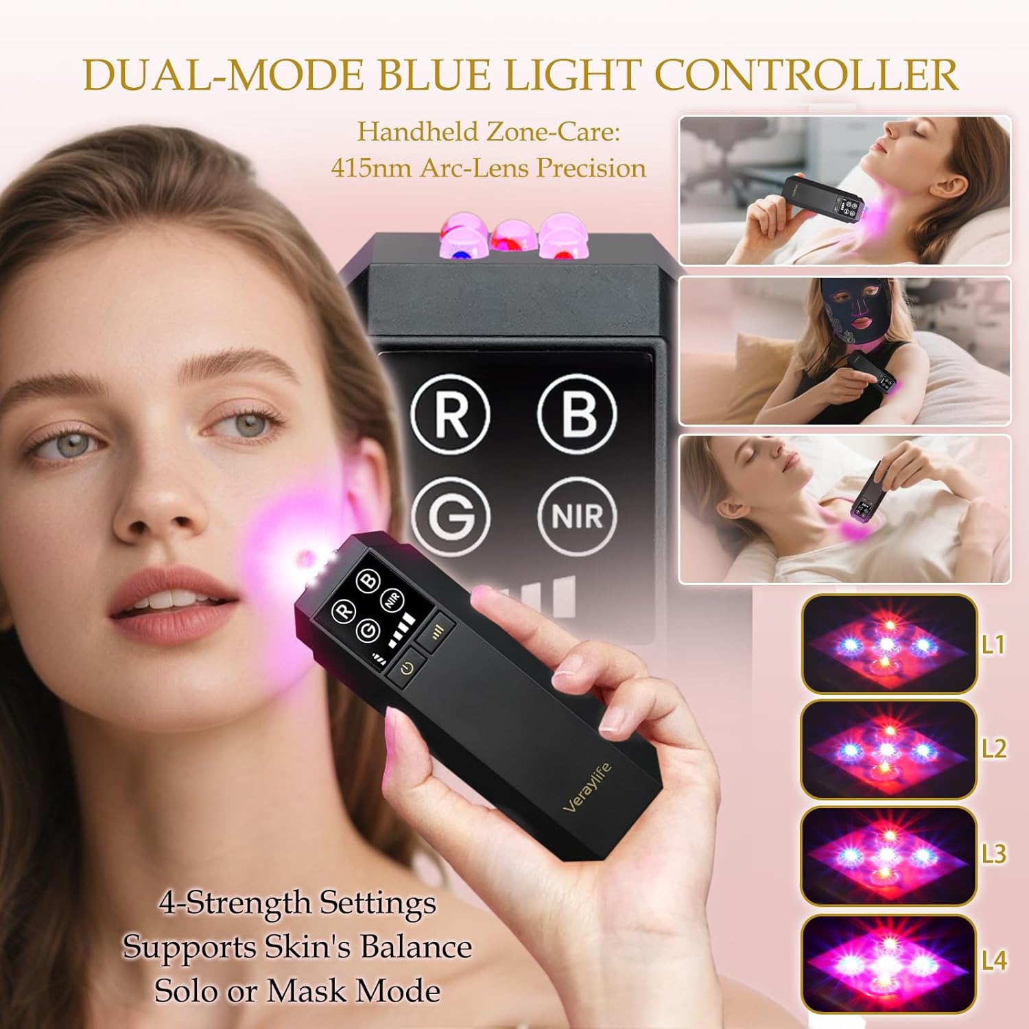 Red Light Therapy for Face, LED Facial Mask, Skin Care Light with Near Infrared 850nm & Adjustable Blue Light, Portable Home Device with 7 Colors & 8 Modes, 432 Beads Pro LEDs (Black-F) - Image 4