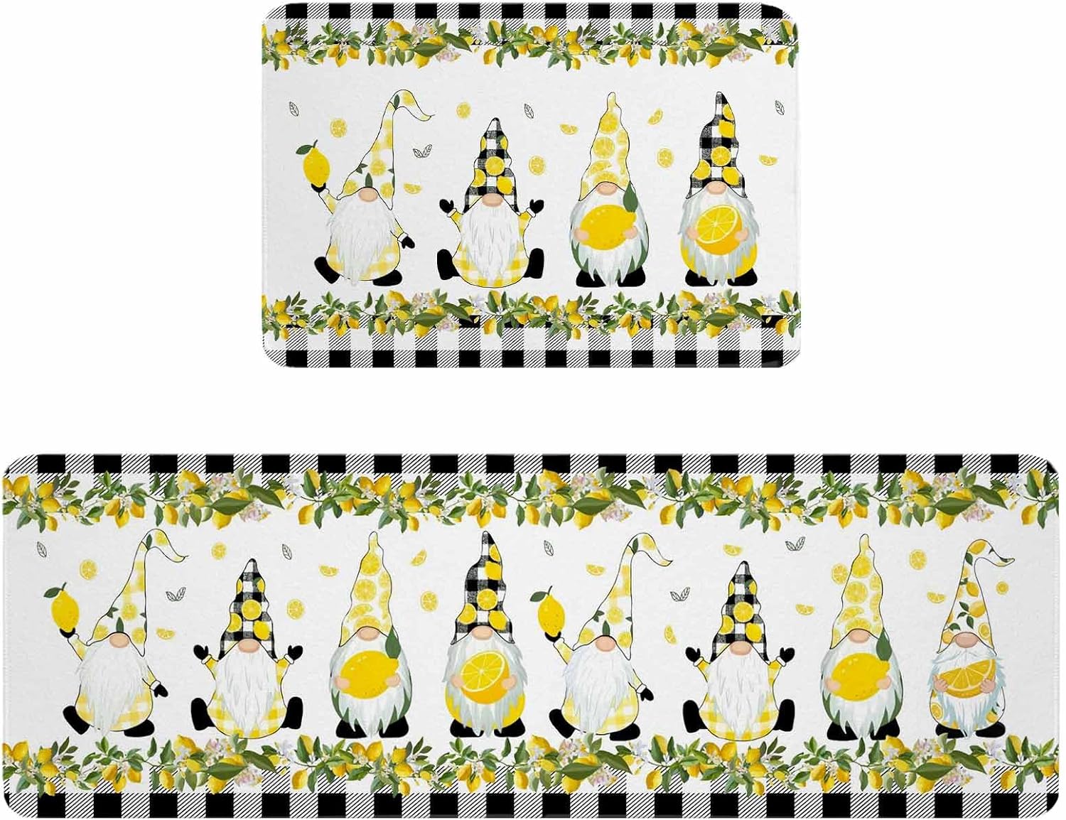 Lemon Gnomes Kitchen Rugs and Mats Set of 2, Non-Slip Kitchen Sink Mat, Farmhouse Botanical Fruits Black Plaid Washable Doormat Bathroom Rugs Runner for Bedroom/Living Room 17.7"x30"+17.7"x47.2"