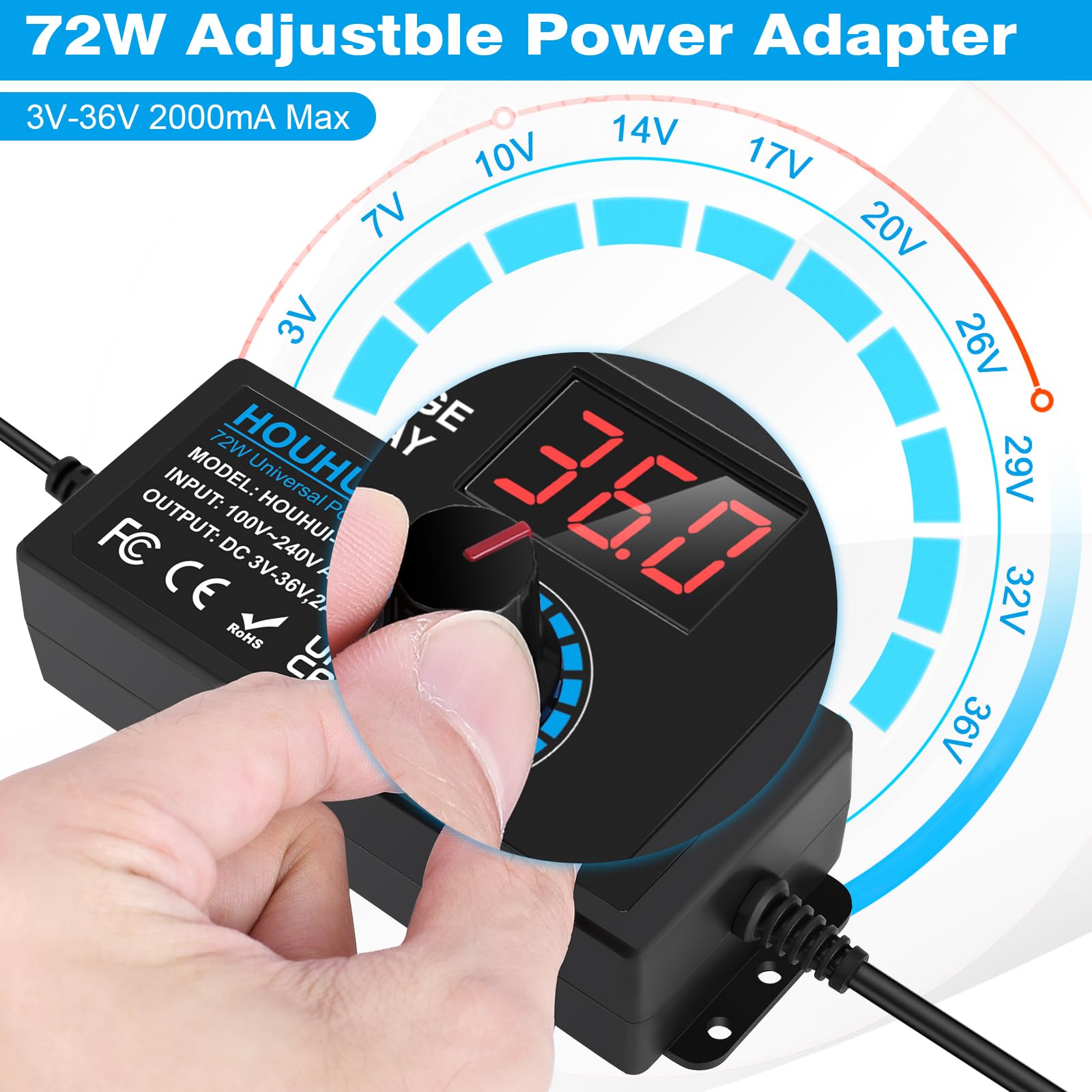 3V-36V Einstellbares Netzteil Universal Netzteiladapter 2A 72W Verstellbarer Netzadapter 100V-240V AC to DC mit LED Spannungsanzeige und 5,5x2,5mm 16Tipps für Haushaltselektronik, DC Motor 2A Max