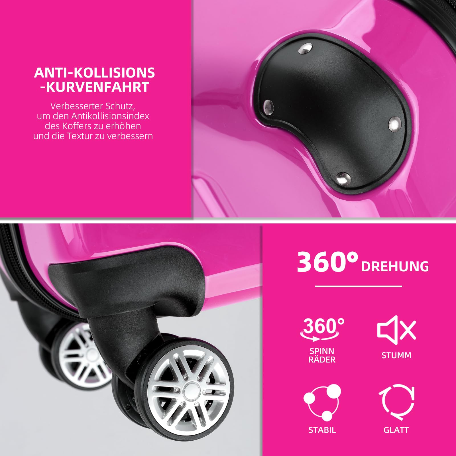 BEIBYE Hartschalen Koffer Trolley Rollkoffer Reisekoffer 4 Zwillingsrollen Polycabonat (Pink, Handgepäck 55cm-40L)