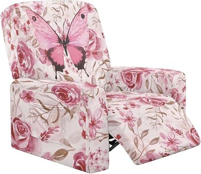 Butterfly Recliner Slipcovers Pink Floral Reclining Chair Cover for Recliner Chair 4pc Stretch Slipcovers Waterproof Elastic Bottom Non Slip Storage Pockets Pet Safe Living Room Xmas Gifts