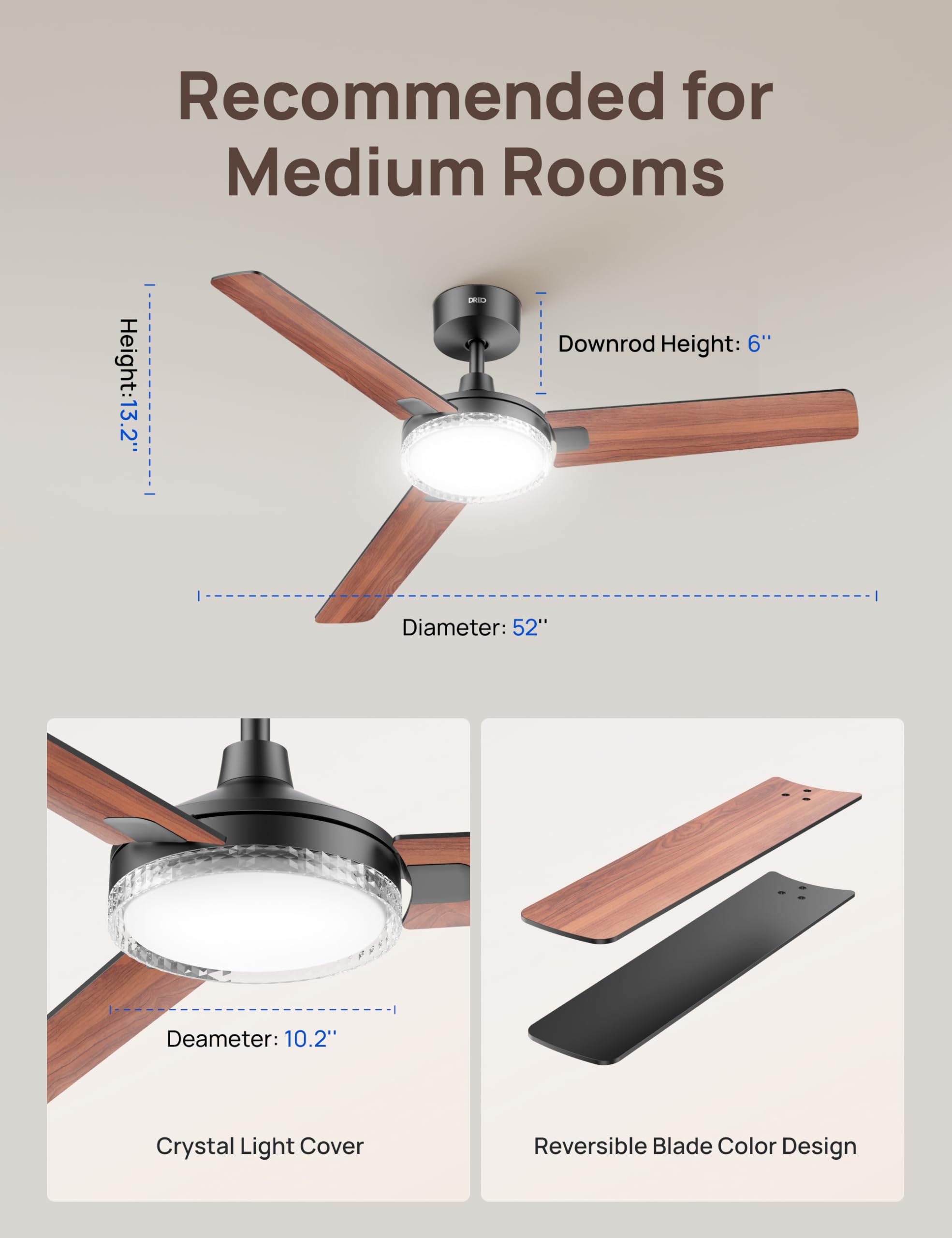 Dreo Inteligentny wentylator sufitowy 132 cm ze światłem, 12 prędkości i 3 trybami, regulowana temperatura, ściemniana dioda LED, timer 1-12 h, cichy silnik prądu stałego, aplikacja, Alexa i
