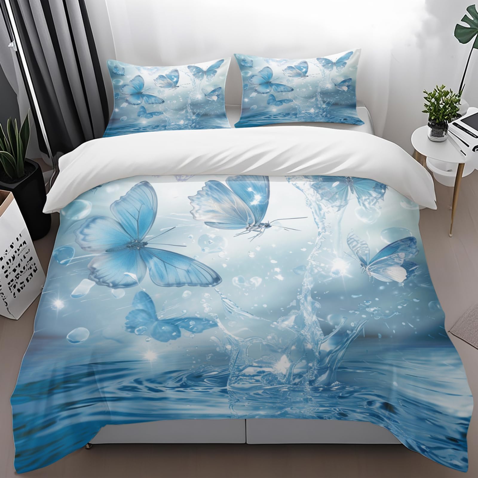 Housse de couette 240 x 260 insectes bleus clairs en microfibre avec 2 taies