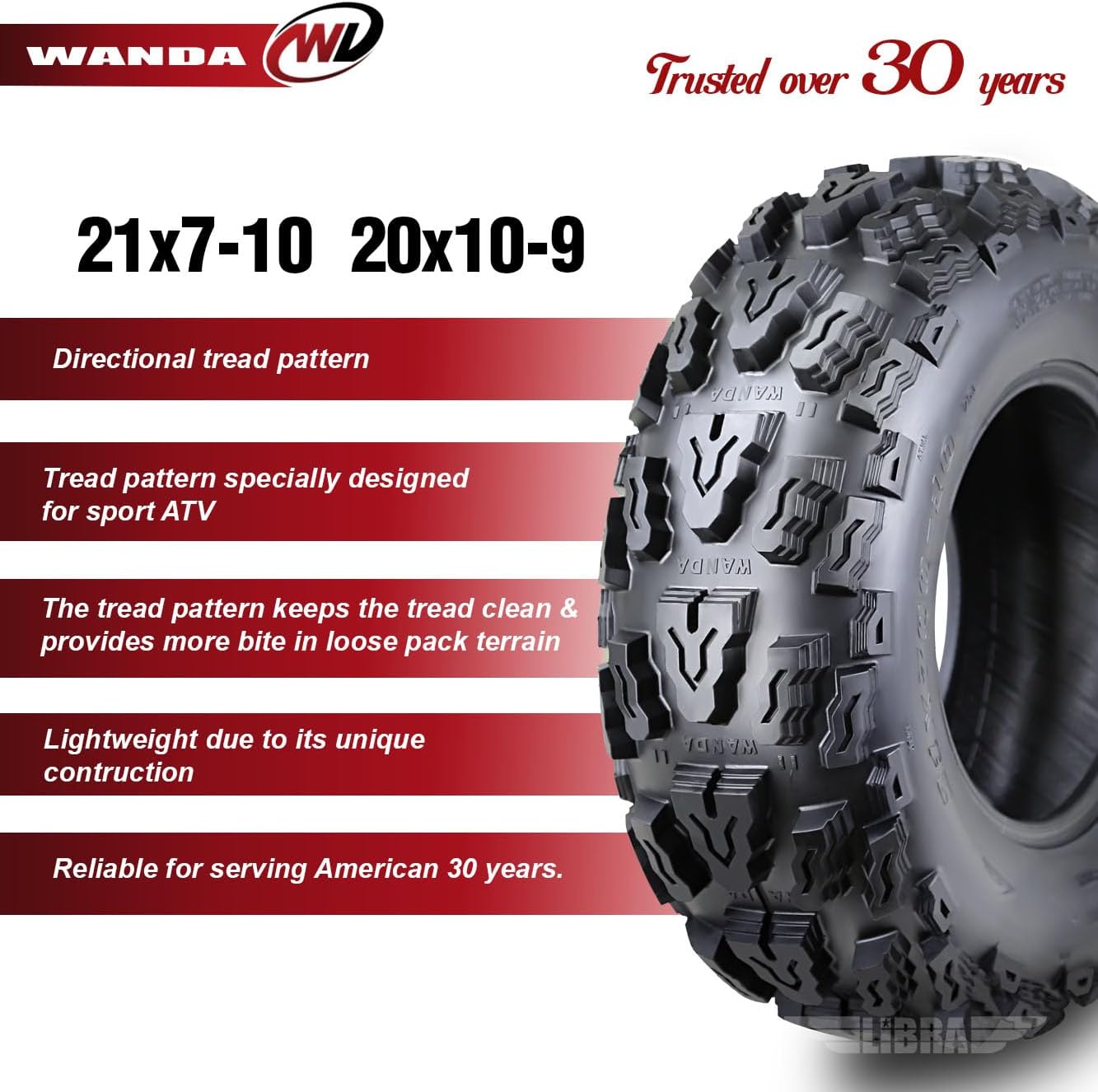 Sun F Tires Set Of 4 WANDA Sport ATV Tires – 21x7-10 & 20x10-9 For Yamaha YFM350, YFZ450, Banshee 350 21x7-10 ATV Tire - Foto 4