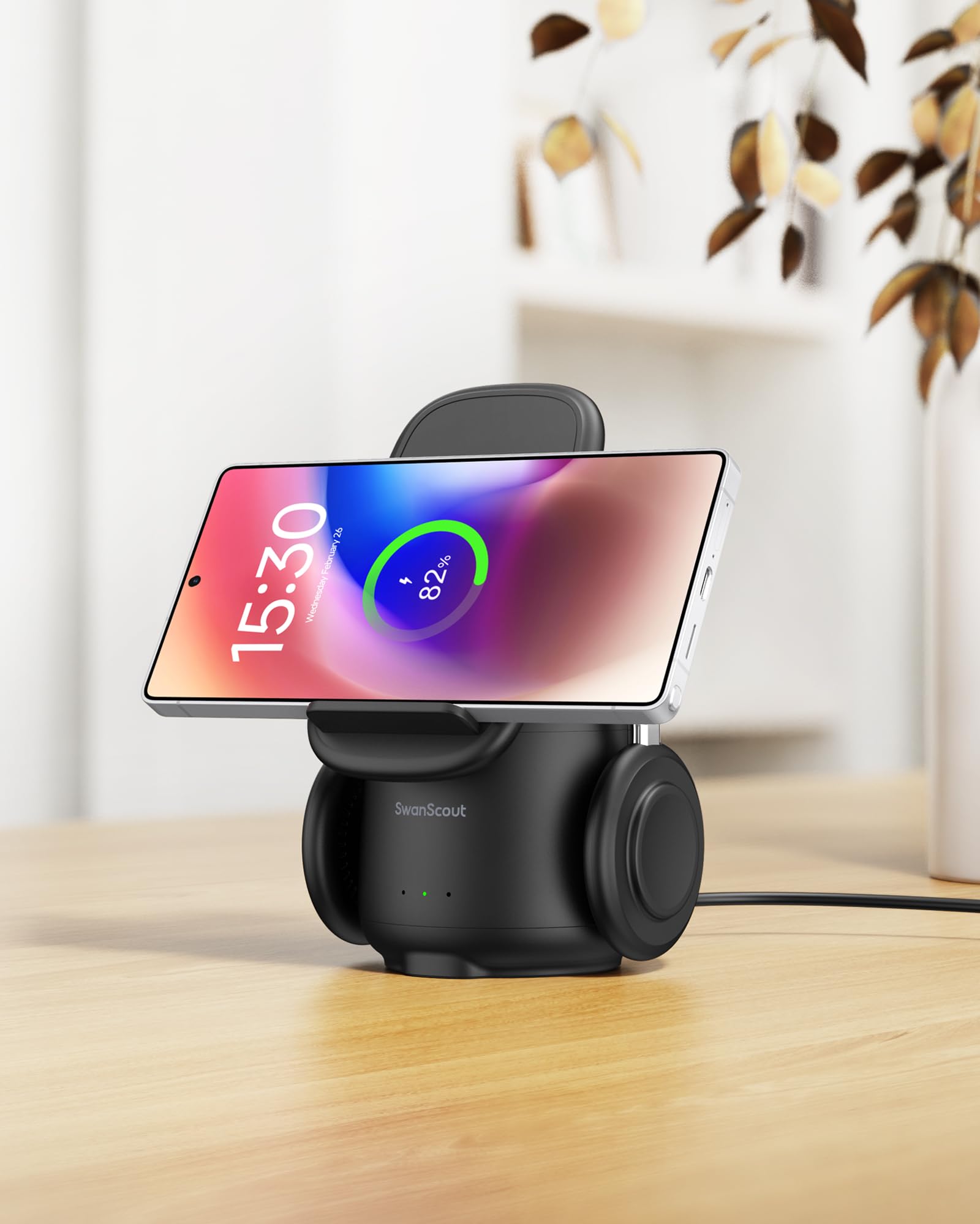 Cargador Inalámbrico para Samsung, Estación de Carga Inalámbrica 3 en 1 para Galaxy S25 Ultra/S24/S23/Z Flip 7/Z Fold 7, Base para Galaxy Watch 8/Ultra/7/6/5/Buds, SwanScout 707S (No Adapter)