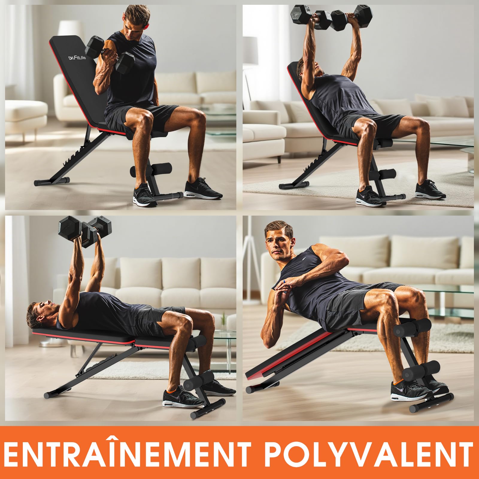 DH FitLife Banc pliable 8 en 1 | Gain de place 80% | Banc de musculation réglable et incliné | Appareil d’abdominaux pour entraînement complet à domicile