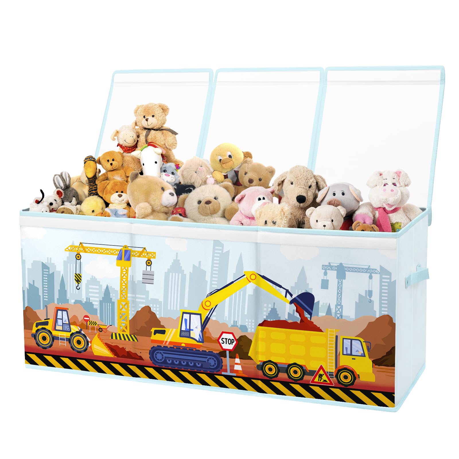 Extra Groß Aufbewahrungsbox, Faltbare Spielzeugkiste mit Deckel&Griff, Oxford spielzeug aufbewahrung für Kinder,Mädchen und Jungen,Spielzeugbox im Kinderzimmer,96×32×40 cm,Baumaschine