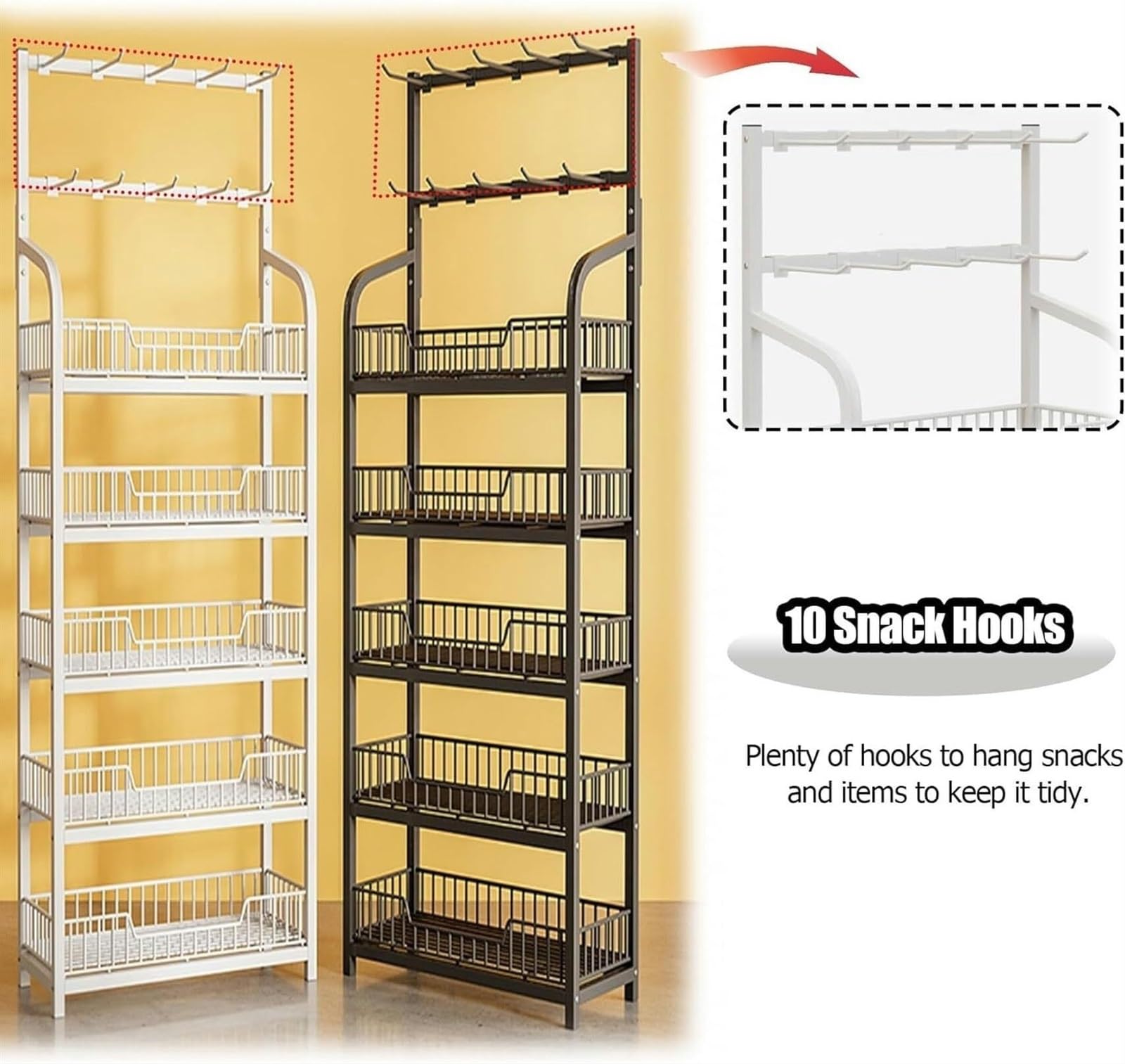 Scaffali espositivi per Negozi a 5 Ripiani Neri, espositore per Patatine per supermercati, ripiano portaoggetti in Filo Metallico, scaffali Commerciali Alti con Ganci (50x27 cm/19,7x10,6 pol