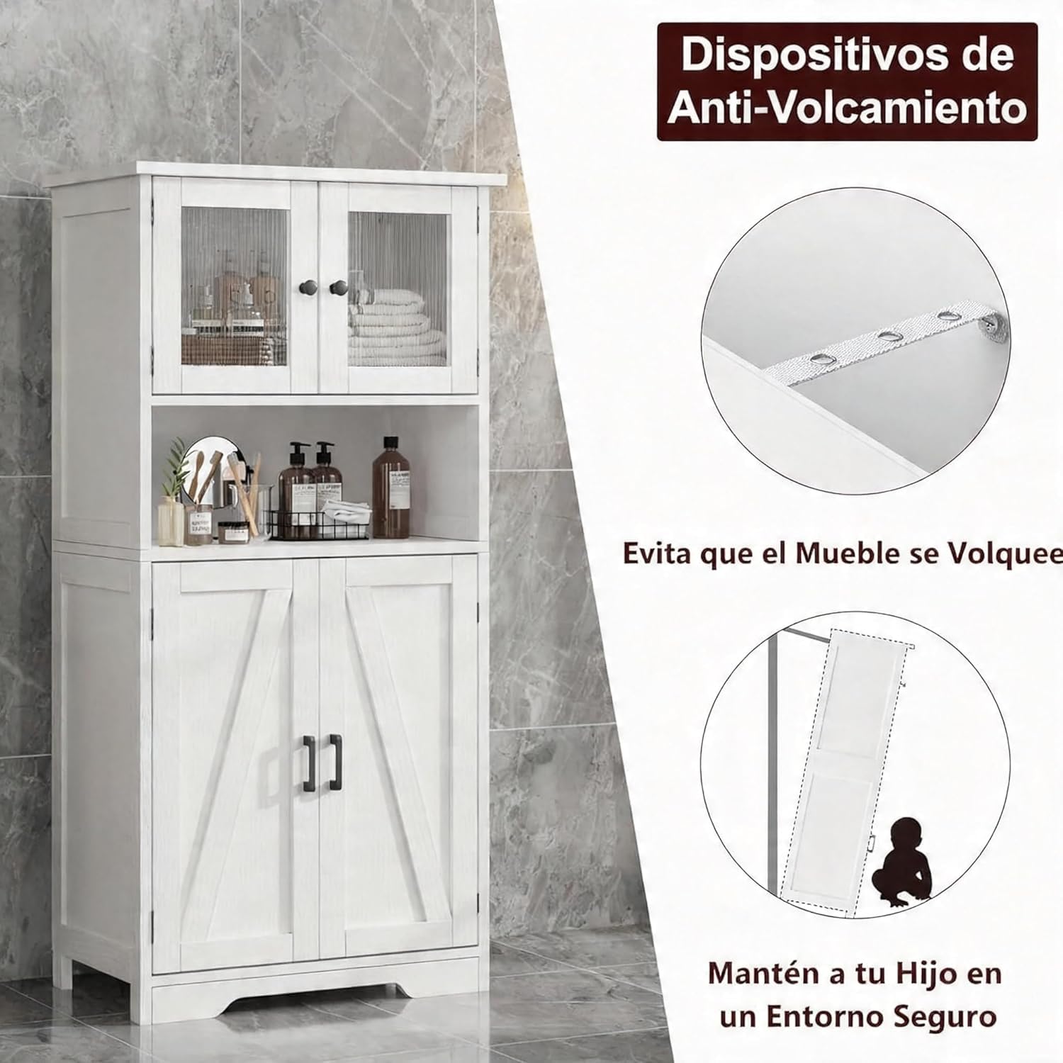 Zstar 50.4" Gabinete De Almacenamiento Grande De MDF con 4 Puertas y 1 Compartimento Abierto, 2 Puertas De Vidrio, Estantes Ajustables para Cocina, Dormitorio, Sala o Pasillos, Blanco.