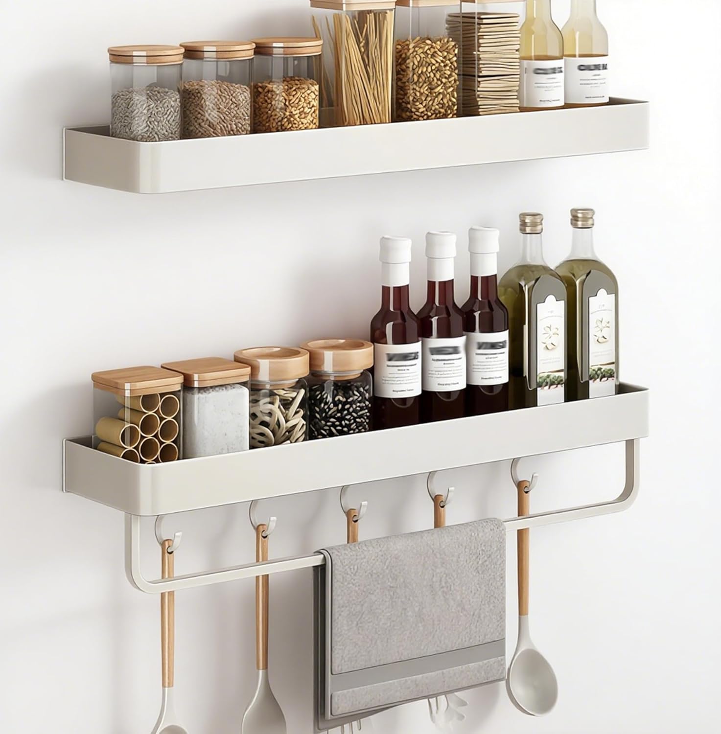 SEIDO Space-Saving Kitchen Utensil Holder | No-Drill Shelf Organizer | Wall Mount Spice Rack with Hooks & Bar for Bathroom | Space Aluminum | 24 Inch Long | White