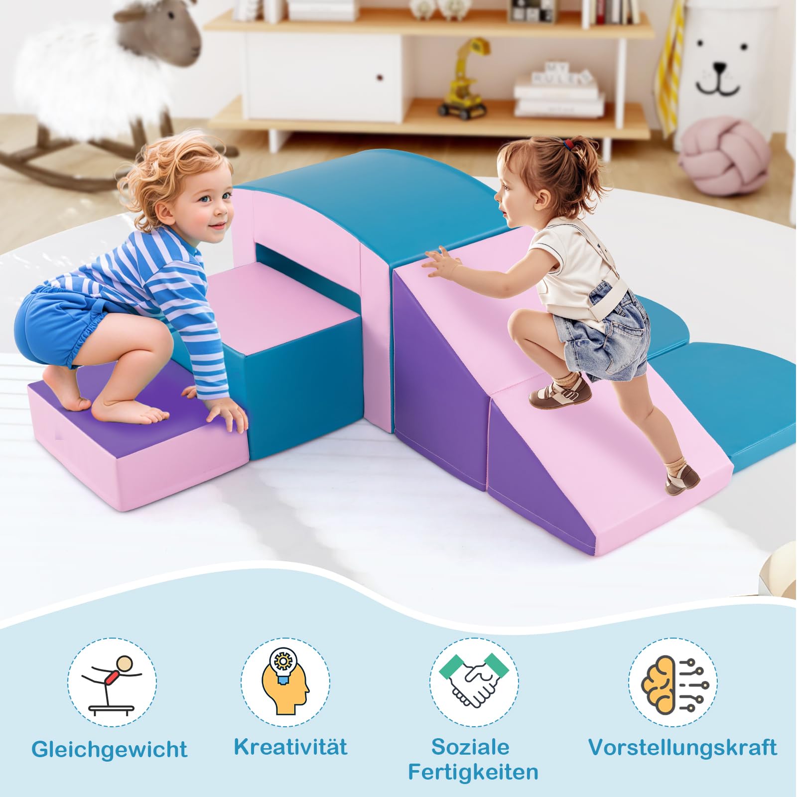 DREAMADE 7 TLG. Softbausteine, Riesenbausteine Schaumstoffbausteine Großbausteine aus EPE, Bausteinset Schaumstoff, Kletterblöcke zum Toben & Klettern für Kleinkinder (Blau+Rosa)