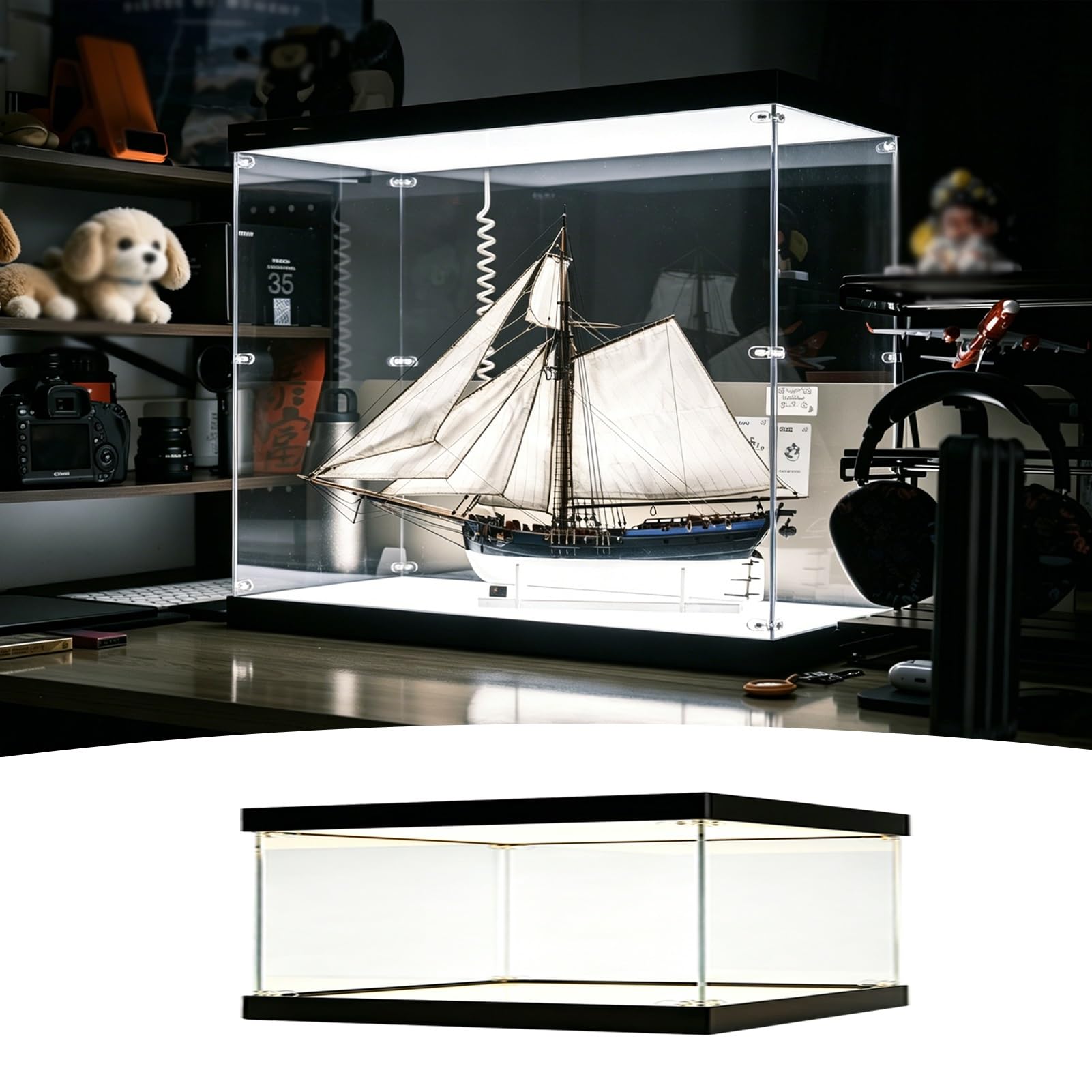 UrbanUp Urna Metacrilato Caja de Almacenamiento con Iluminación Superior e Inferior, Tapa Antipolvo con Base y Amplio Espacio de Almacenamiento, Vitrina Acrílico Transparente(10x15xH10cm/4x6x4)