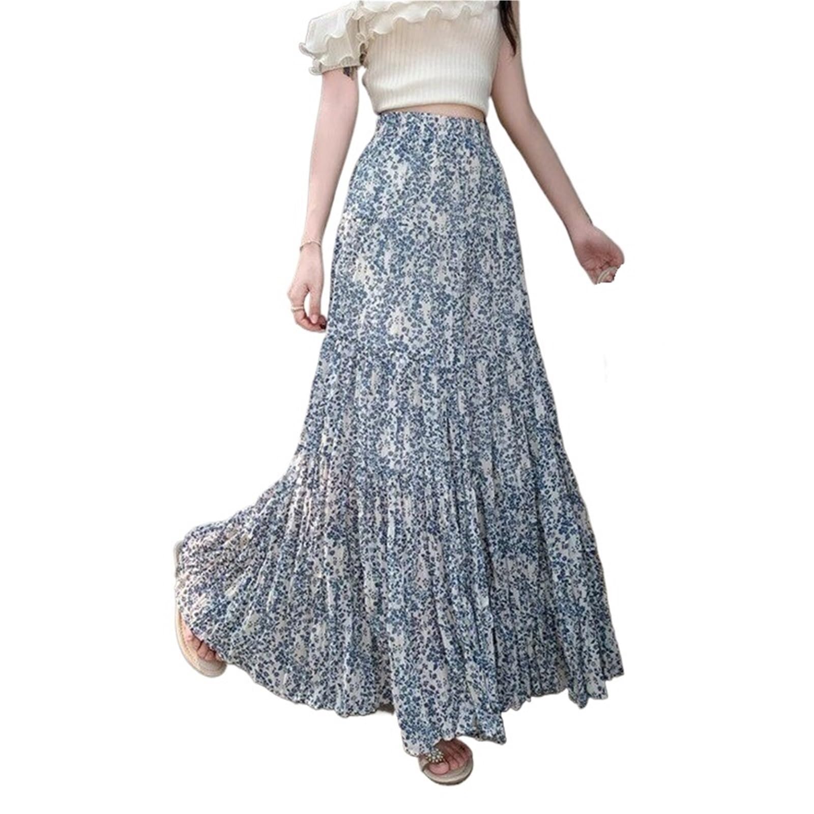 Falda Floral Falda Larga Floral de Gasa for Mujer, Faldas Cintura Alta, Plisada, Informal, Holgada, for Verano para Mujeres