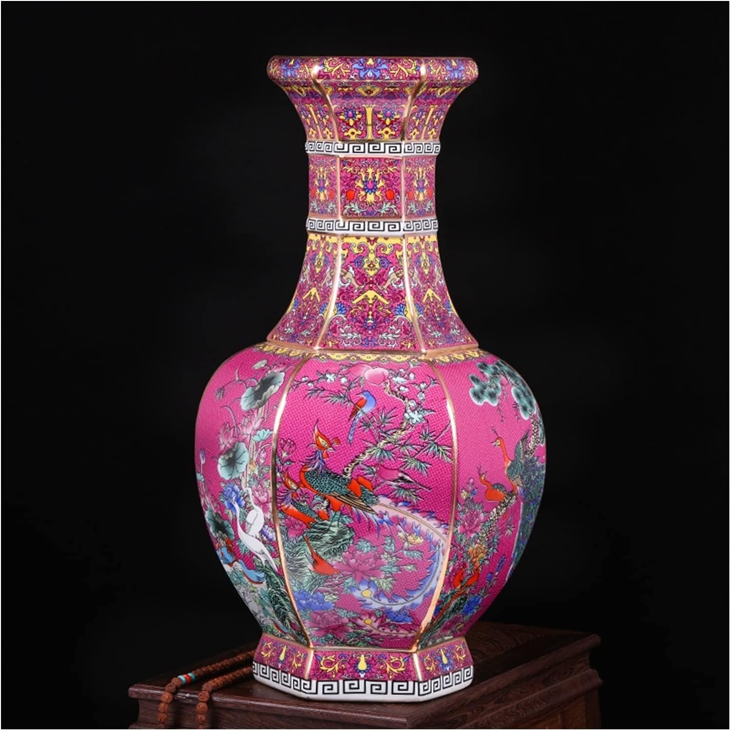 Vase Desktop Enamel Antique Hexagonal Tall Vase Floor Ceramic Furnishing Articles Large Vases(A Pink)