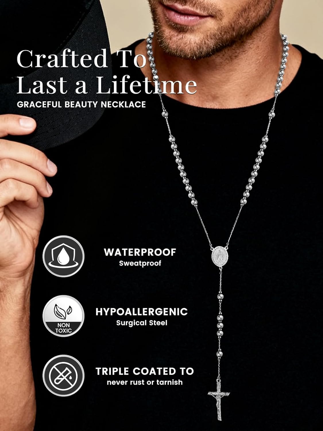 Bestyle Catholic Rosary Beads Necklace for Women Men with Cross Bible Verse Package, 4mm/6mm Virgin Mary Rosary Bead Cross Necklaces in Silver/Gold/Black/Rose Gold Tone