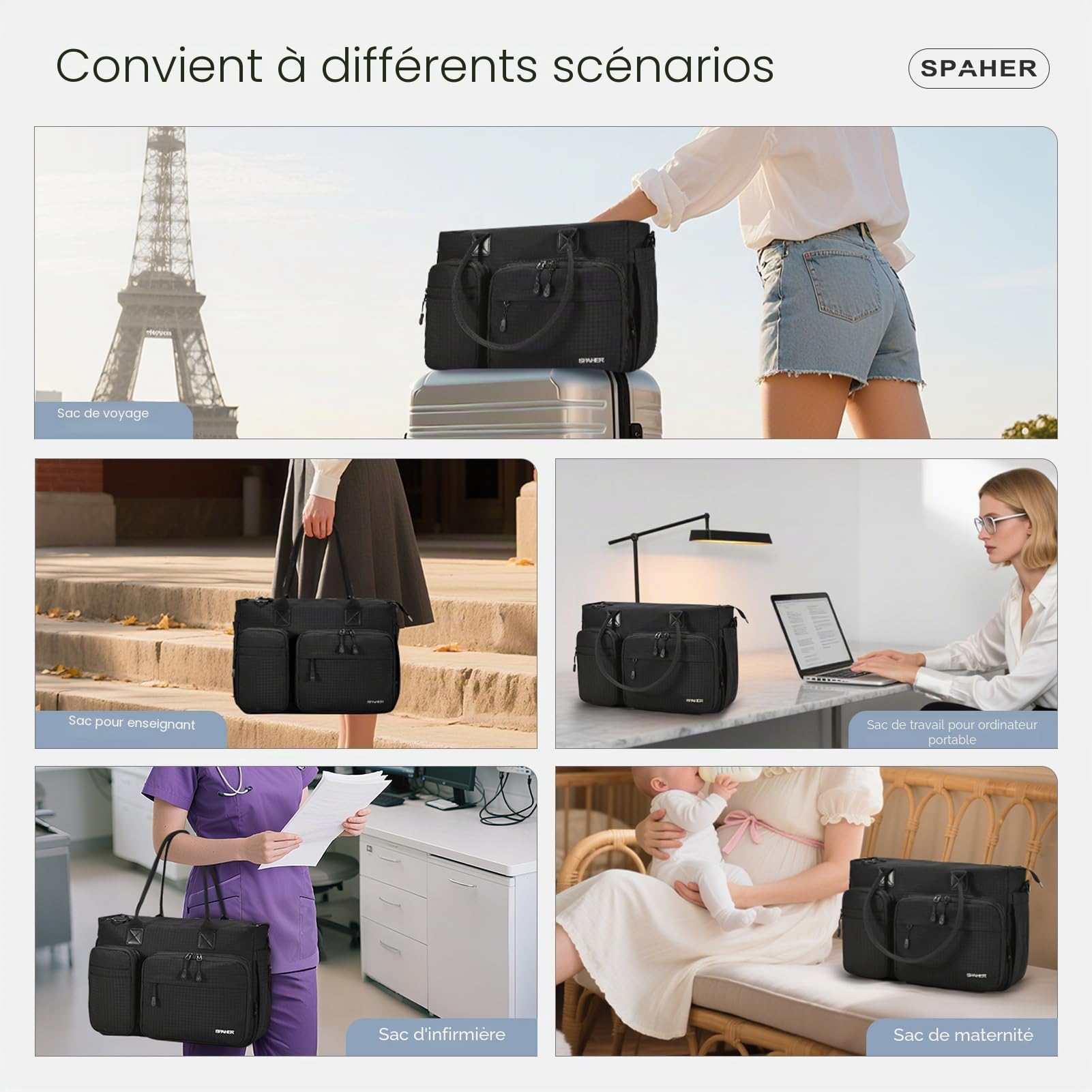 SPAHER Sac de Professeur Sac Voyage Cabine 40x30x15 Air France Léopard Kaki | 17 Poches, Compartiment pour Ordinateur Portable de 15,6 Pouces, pour Personnel Féminin, Enseignantes, Mamans