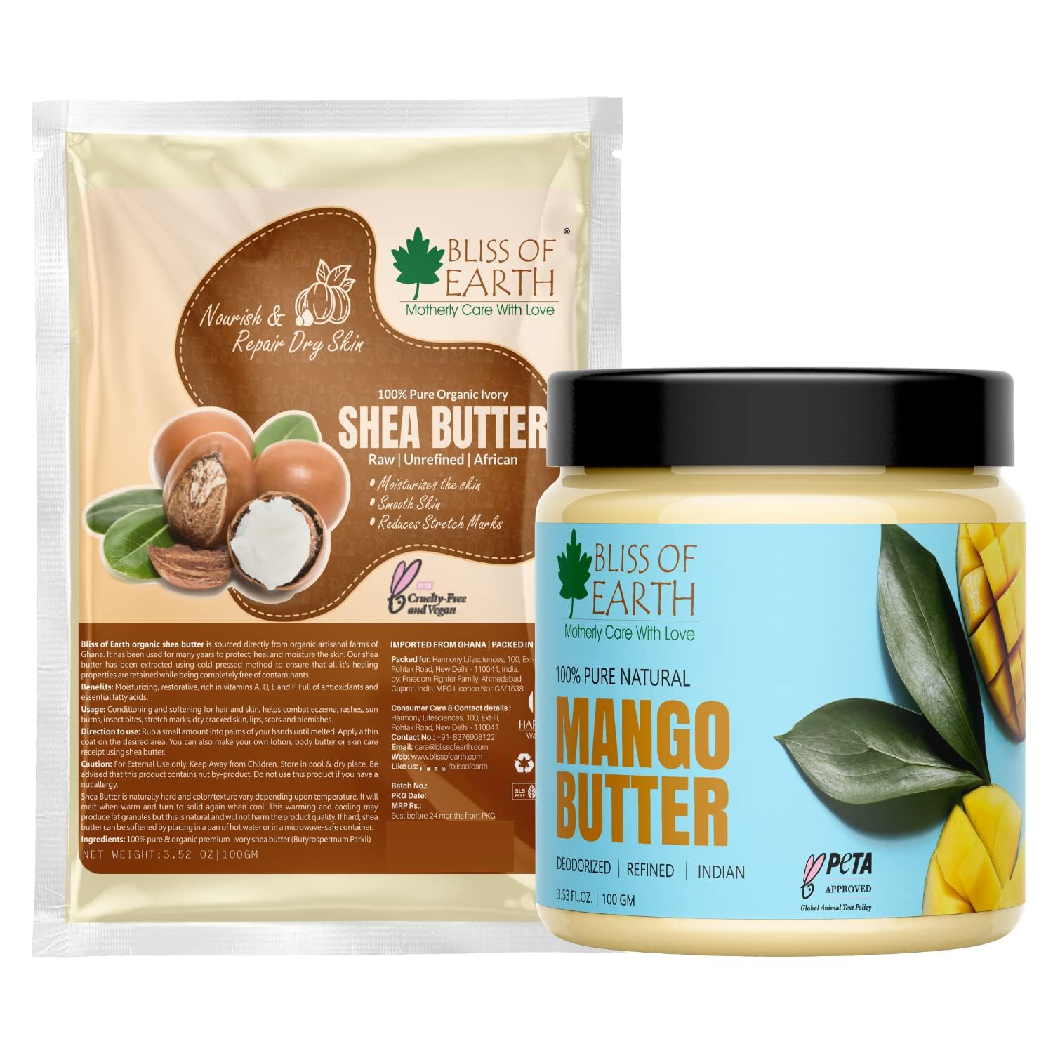 Bliss of Earth Shea Butter + Mango Butter Great For Skin & and Hair care | Stretch Mark | Skin Smoothing | Moisturizer | DIY Products 100gm Each