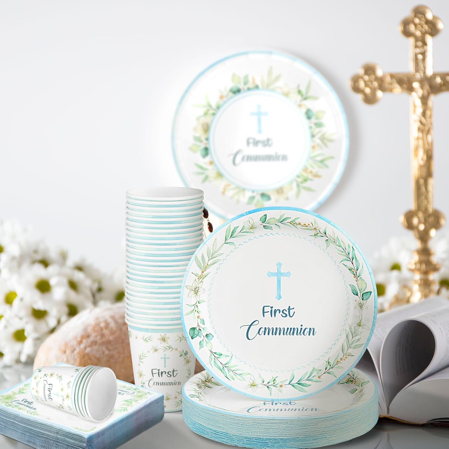 200 Pcs First Holy Communion Disposable Tableware Set Blue God Bless Baptism Disposable Paper Plates Napkins and Cups for Dessert Christening Celebration Eucharist Party Supplies