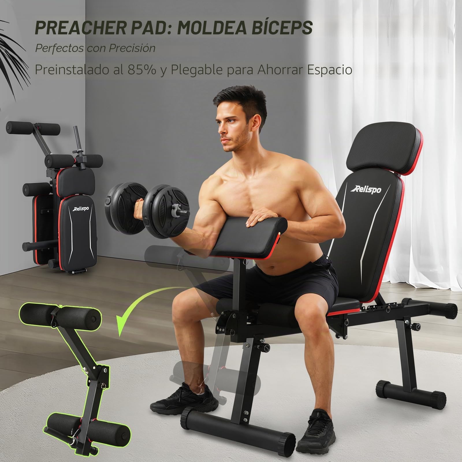 Banco de Pesas Ajustable Mejorado con Extensión de Piernas y Curl de Piernas, 9 Posiciones de Respaldo y Plegable, Banco de Entrenamiento de 544 kg para Gimnasio en Casa, Banco Plano Decline