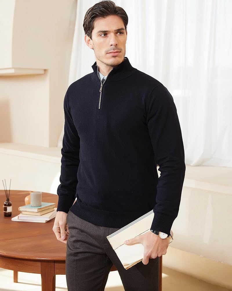 Kallspin Men's Quarter-Zip Sweater Pure Cotton Mock Neck