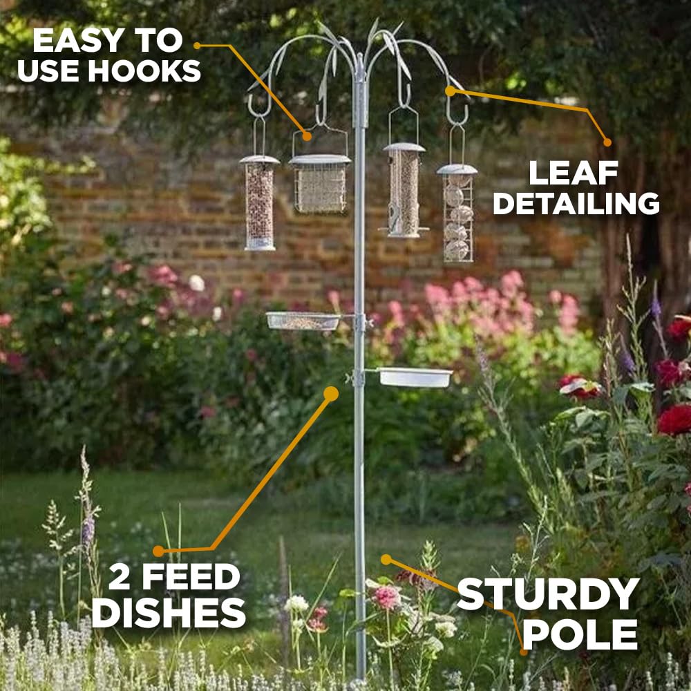 Garden Mile Comederos colgantes de 4 brazos para pájaros, incluye comederos de metal para semillas, cacahuetes, bolas de sebo, pasteles de sebo, bandeja de comedero de pájaros, soporte colgante de