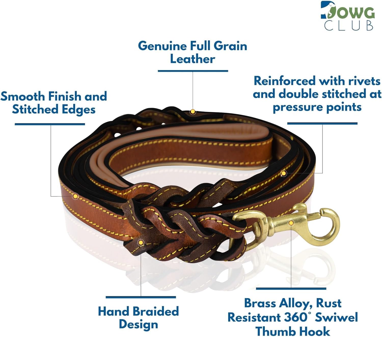 Leather Dog Leash - 6ft x ¾ Inch, Dual Handle with Soft Padded Grip, Hand-Braided Full Grain Leather with Traffic Handle for Medium to XL Dogs (Brown with D Ring)