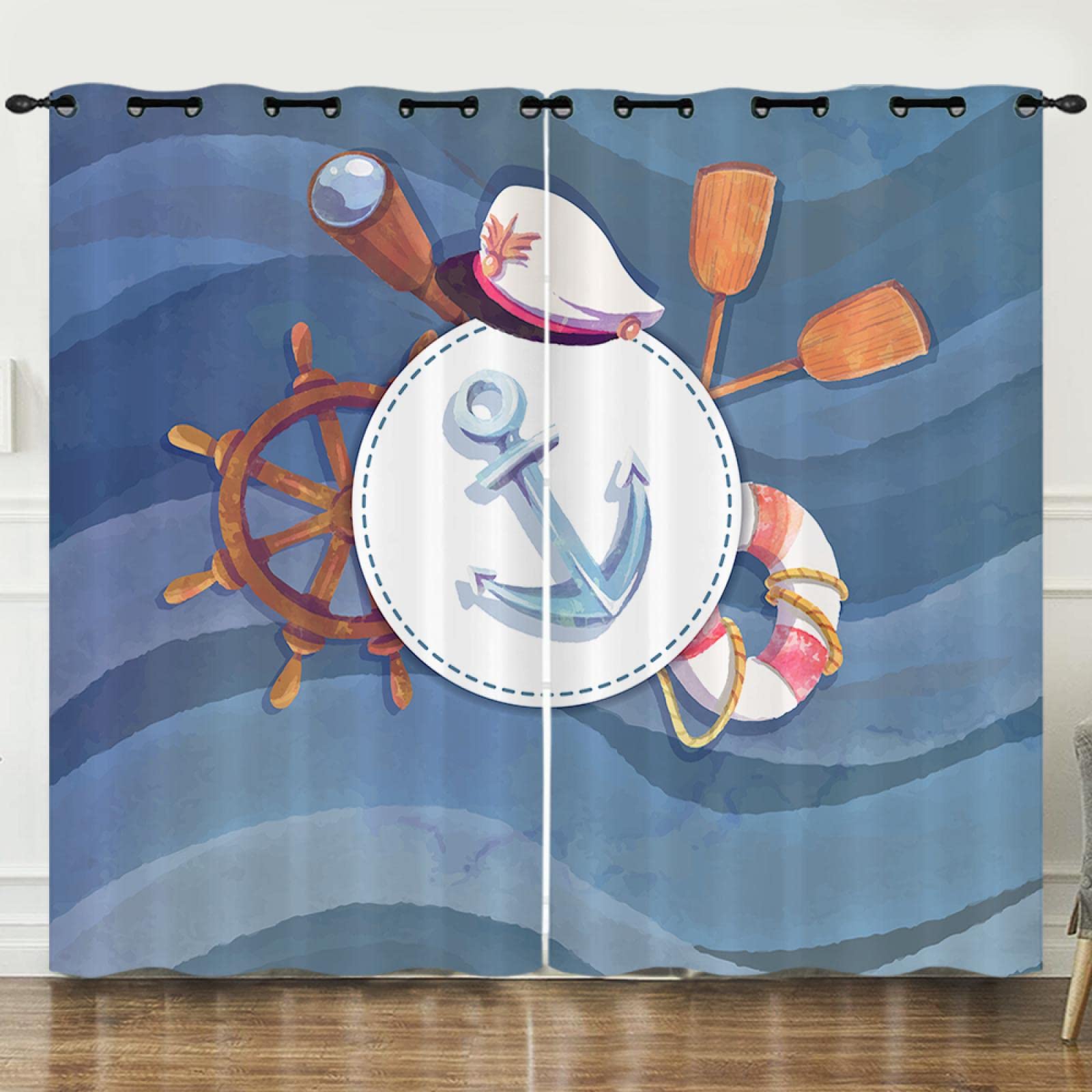 Cortinas opacas para niños, diseño de ancla, telescopio, remo, salvavidas, 87 x 85 pulgadas, con ojales, aislamiento térmico, oscurecimiento de la habitación, cortinas estampadas para habitación infan