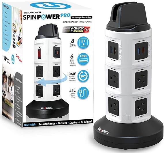 Spin Power Deluxe by Bell+Howell Power Strip Tower with Surge Protector Electric