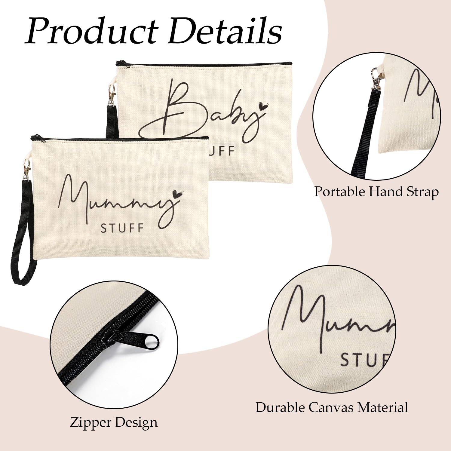 2 PCS Portable Gifts for Mum to Be: Canvas Cosmetic Bags with Zipper for Baby Shower, Beige - Image 3