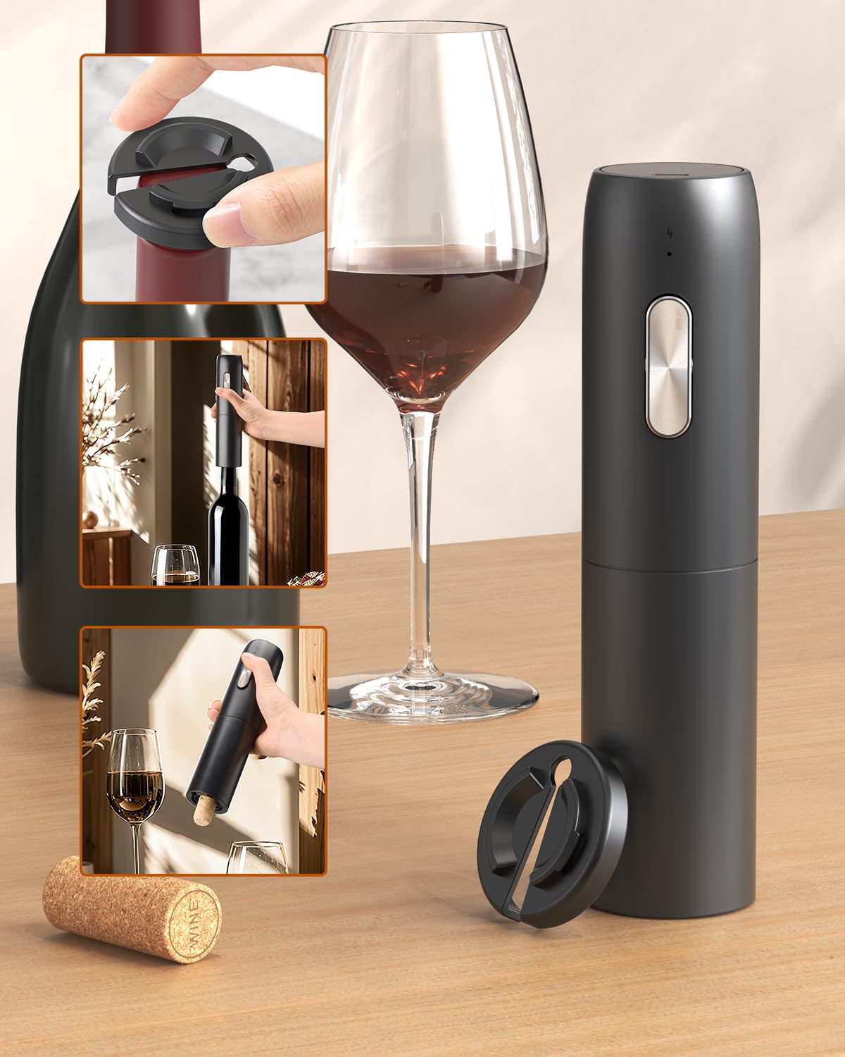 Juego de abridor eléctrico de botellas de vino recargable 5 en 1 con cortador de aluminio, abridor de vino eléctrico, aireador y vertedor de vino eléctrico 2 en 1, tapón de vino al vacío 4