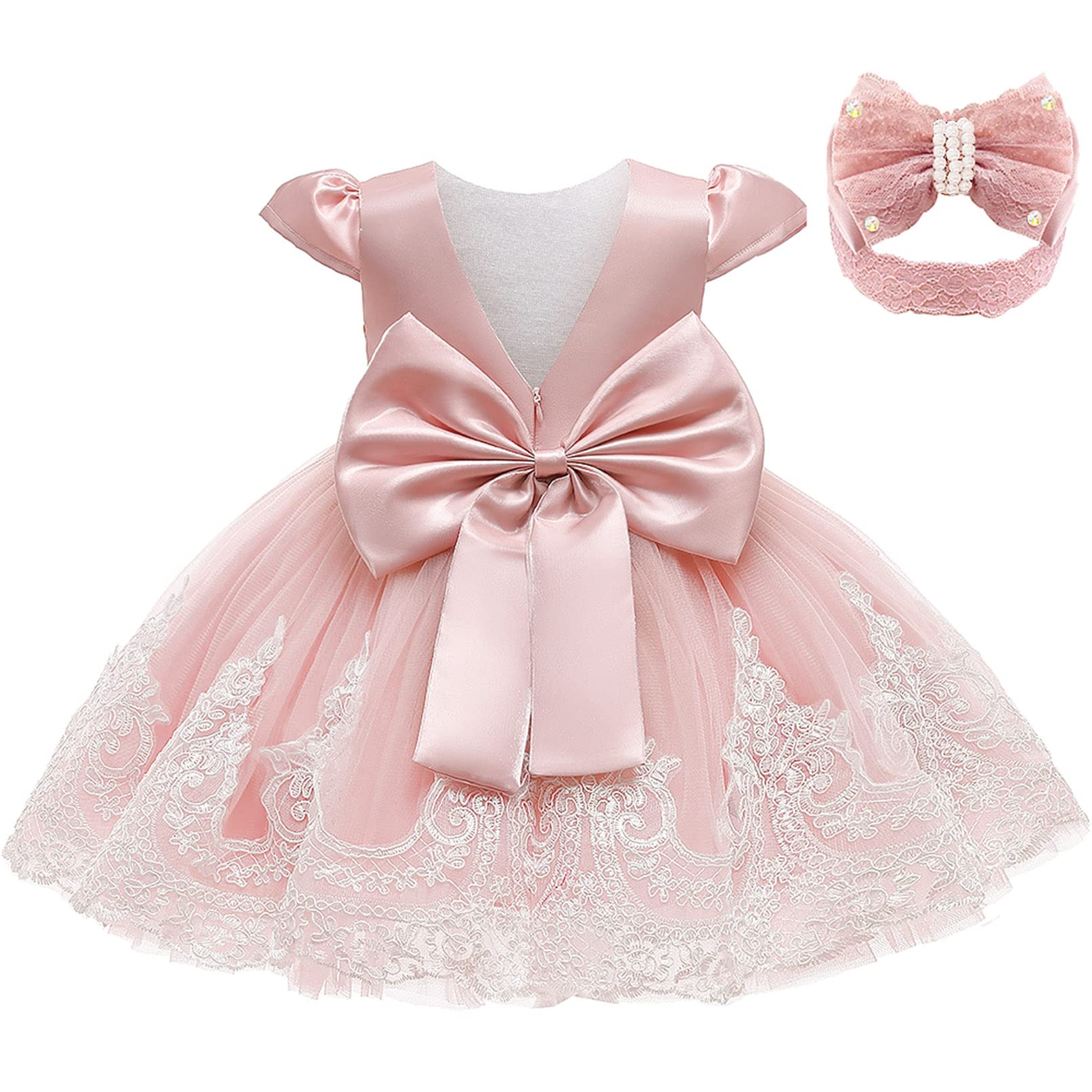 keaiyouhuoBaby Girls Lace Backless Tulle Princess Dresses Wedding Pageant Party Christening Dress with Bowknot Headwear