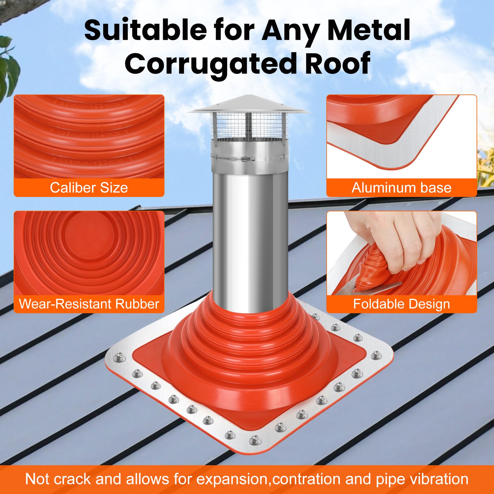 Bota intermitente de metal #3 para tubería de techo, cubierta de metal para tubería de diámetro exterior de 1/4 a 5 3/4 pulgadas de ancho, incluye funda de chimenea de silicona flexible de alta