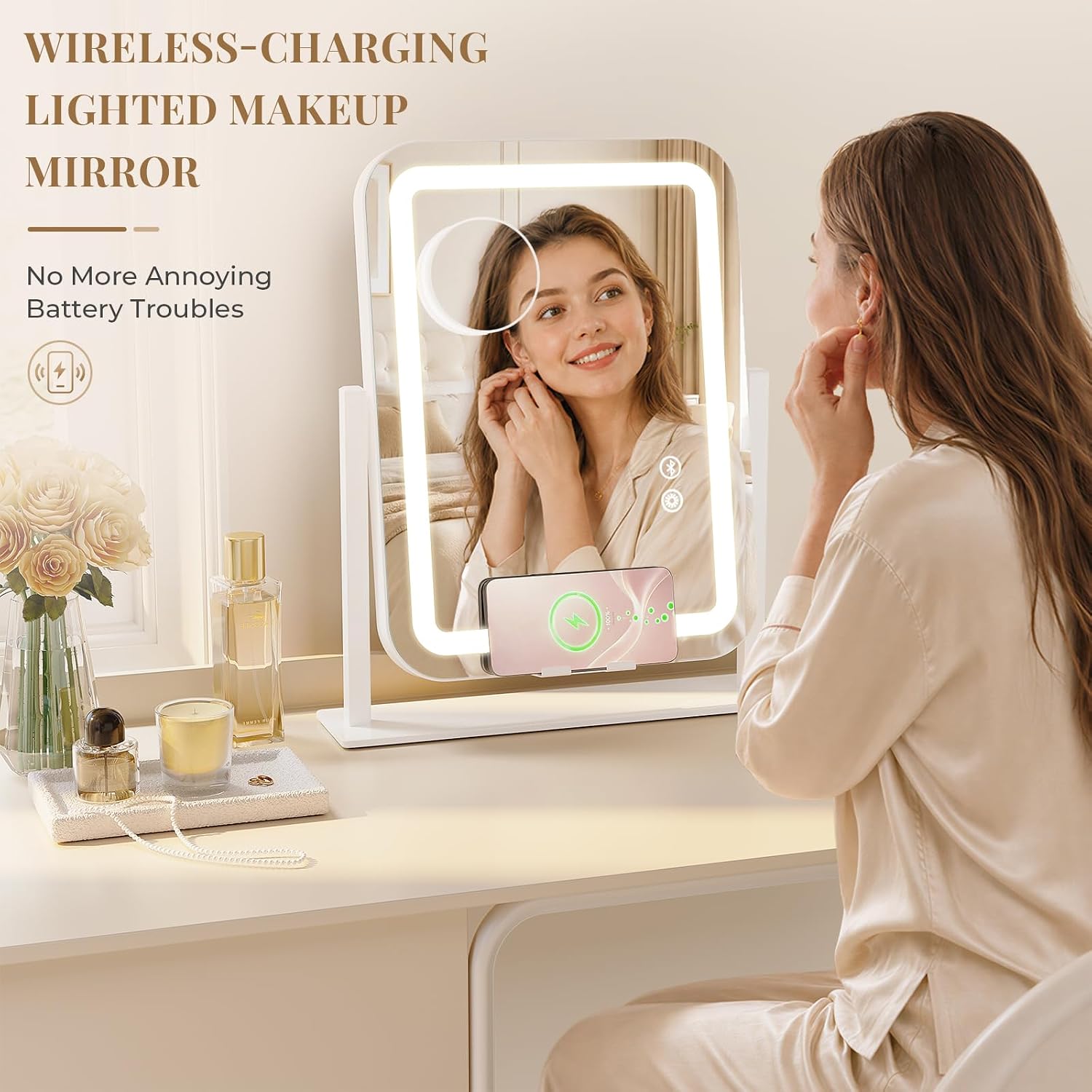 Wireless Charging Vanity Mirror with Lights and Bluetooth Speaker, LED Makeup Mirror with 3 Color Lights Dimmable, Light Memory, 360° Rotating, 10x magnifying and Phone Holder for Bedroom Dorm Desk
