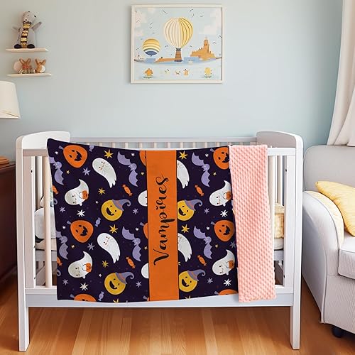 Miniatura 2 de Manta de bebé personalizada de Halloween, manta con nombre personalizado para niños pequeños, franela suave con respaldo de puntos de doble capa,