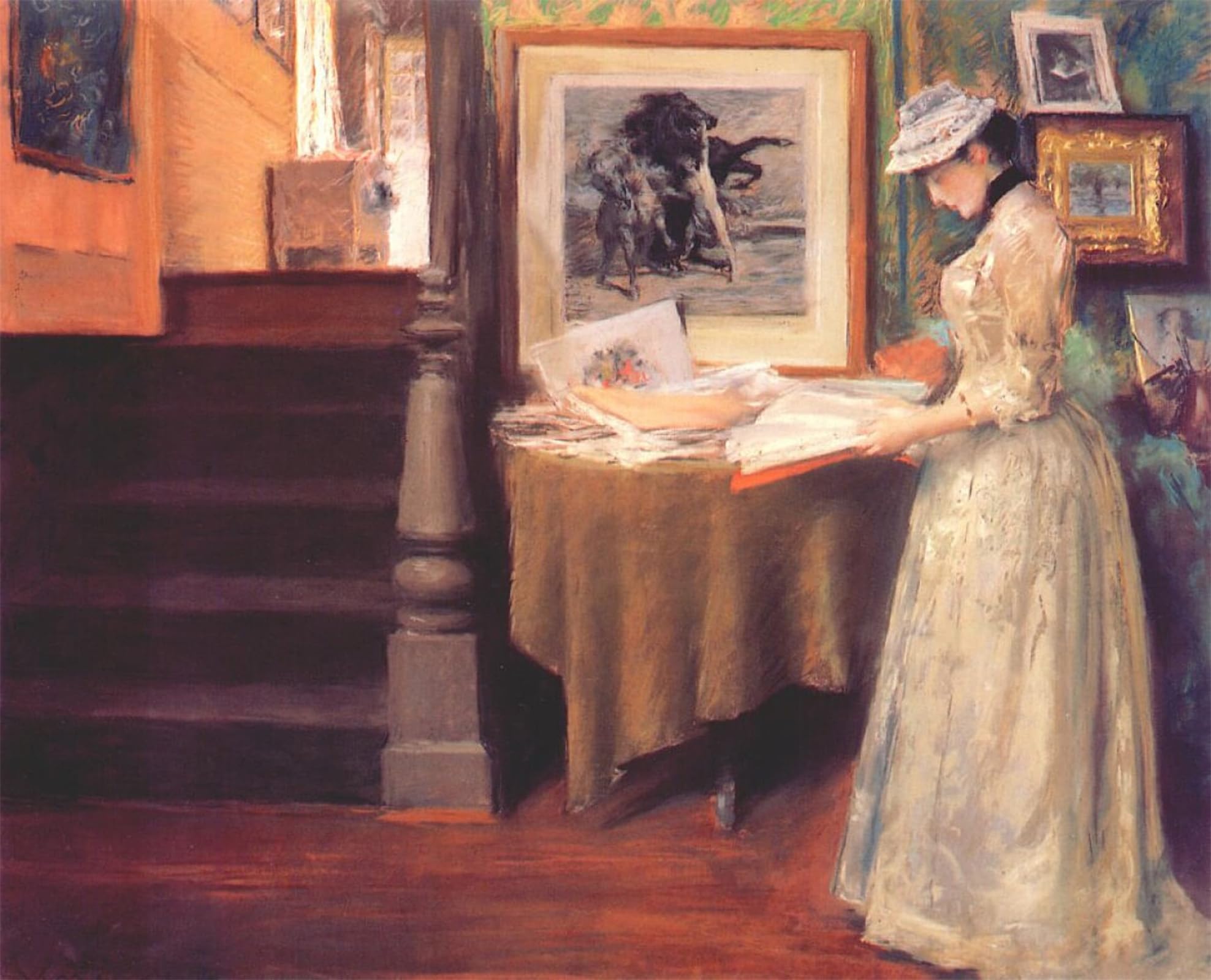 ARTXLXXBN Famous Print Painting Colorful Art Print Interior Young Woman At a Tablen by William Merritt Canvas Art Decorations for Home Decor 60x90cm