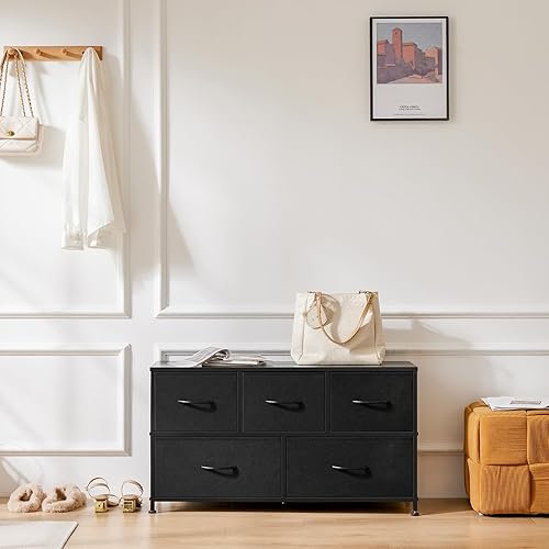 Miniatura 8 de Cómoda para dormitorio, organizador de cajones anchos, cajones de almacenamiento de tela con 5 cajones, cómoda pequeña, soporte de TV para