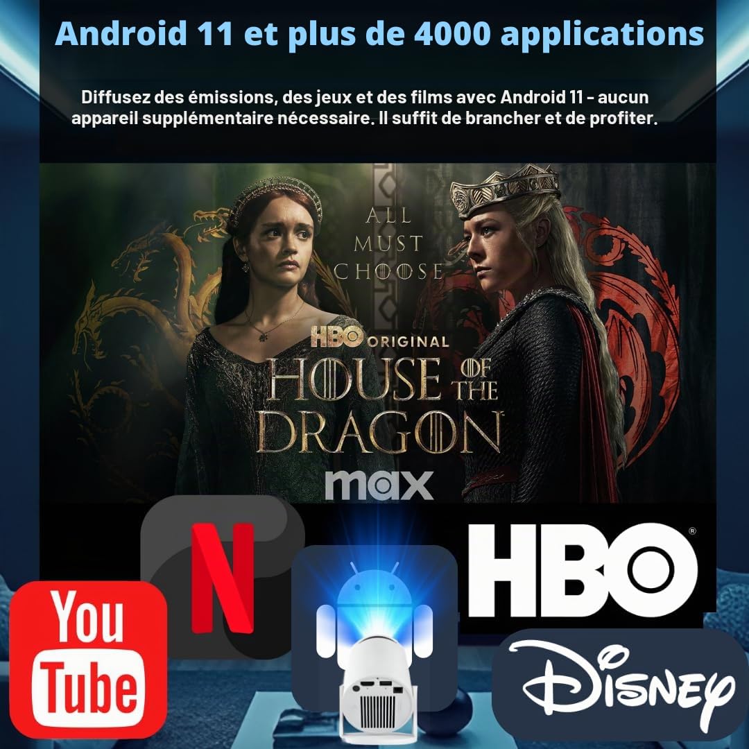 Videoprojecteur 4K, Mini Projecteur Portable, WiFi 6, Bluetooth 5.2, Android TV, HD 720P, Compatible Téléphone/PC/Laptop/Fire Stick, HDMI, Home Cinéma, Correction Auto, Rotation 180°