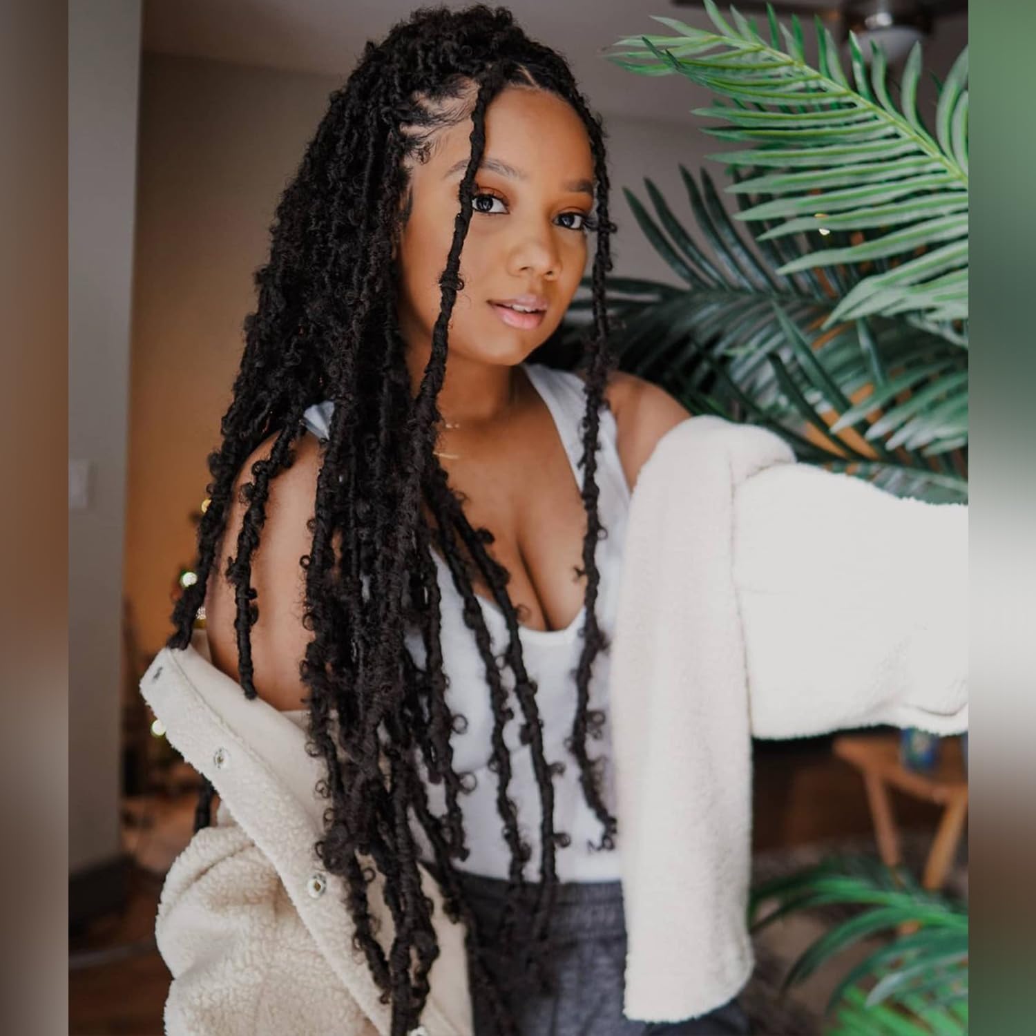 Butterfly Locs Crochet Hair 7 Packs 36 Inch Pre-looped Distressed Locs Soft Faux Locs Crochet Braids Butterfly Loc Twist Hair Synthetic Braiding Hair Extensions for Women (12Strands/Pack; 1B#)