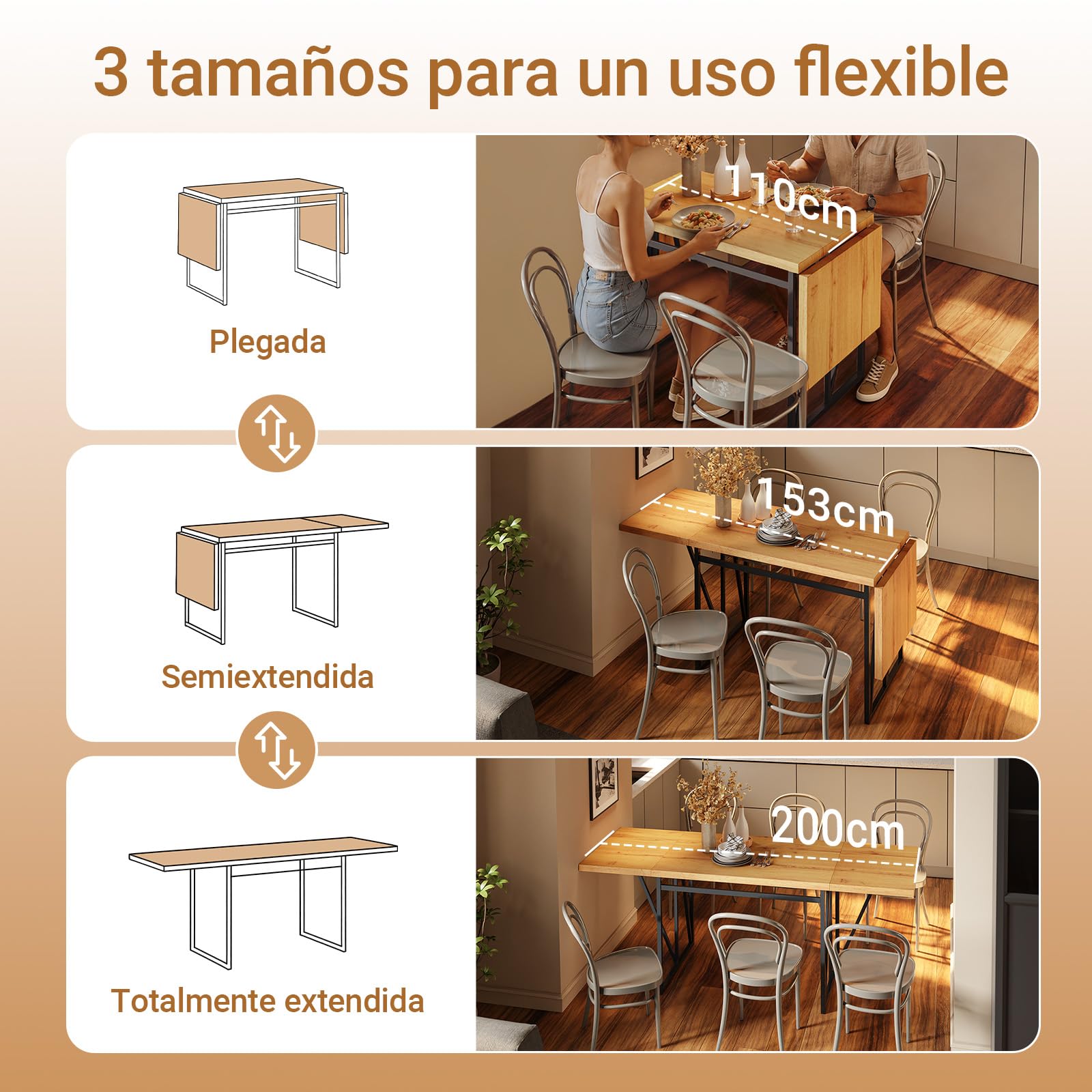 SoBuy Mesa Plegable y Extensible para 2-8, 65x(110-200) x76cm | Mesa de comedor ahorra espacio, tablero efecto madera estable y estructura metálica, para cocina, comedor y oficina, FWT113-N