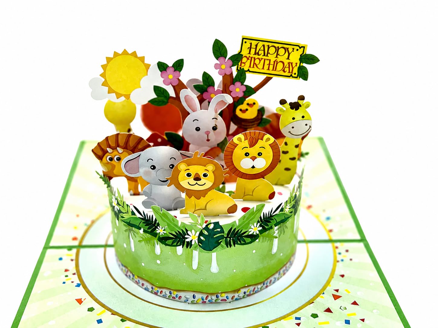 Biglietto di auguri pop-up 3D Animali sulla torta Compleanno bambini 15 x 20 cm Safari Animali con busta