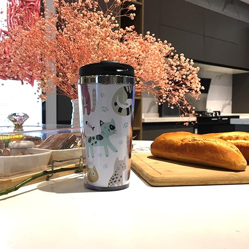 Miniatura 5 de NVJUI JUFOPL Cute Cats - Taza de café de acero inoxidable con tapa abatible de 14 onzas, divertida taza de café para viajes, oficina en casa