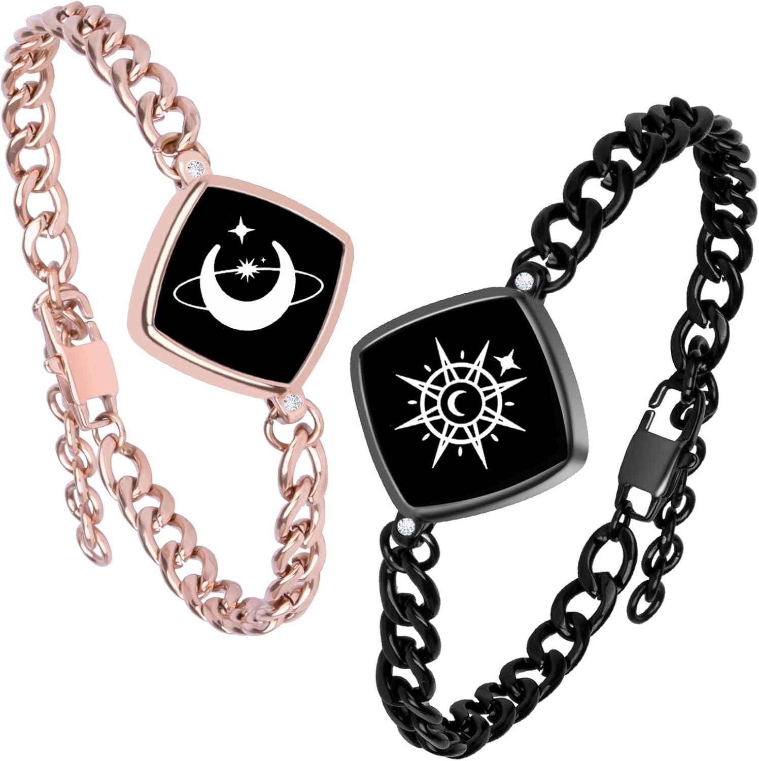 Long Distance Touch Bracelets,Vibration & Light up Couples Bracelets, Remote Smart Matching Bracelet Jewelry Sets for Couples Long Distance Relationship Girlfriend Boyfriend Xmas Gifts Black Gold