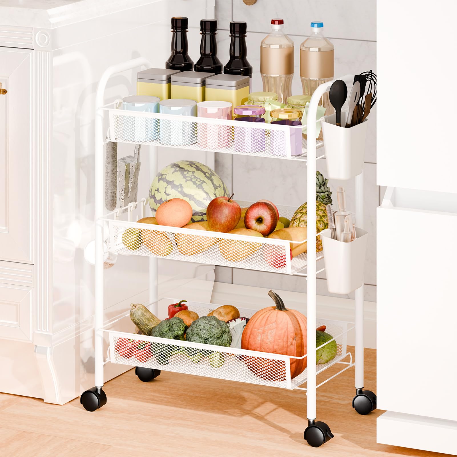 Carrito de almacenamiento de metal rodante de 5 niveles, carrito multiusos con cestas de frutas y verduras para cocina, despensa, baño, 3 capas, acabado blanco